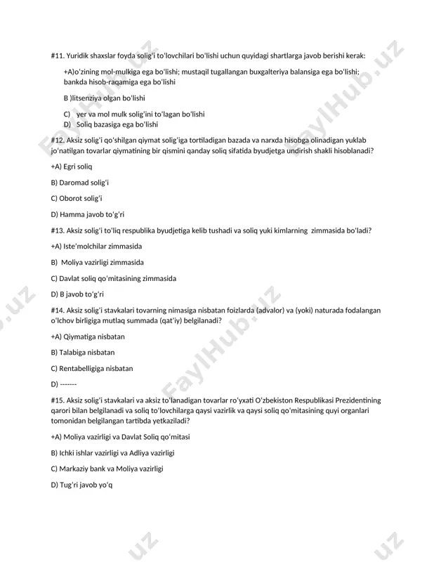 ga qaysi vazirlik va qaysi soliq qo‘mitasining quyi organlari tomonidan belgilangan tartibda yetkaziladi? +a) moliya vazirligi va davlat soliq qoʻmitasi b) ichki ishlar vazirligi va adliya vazirligi c) markaziy bank va moliya vazirligi d) tugʻri javob yoʻq #16. aksiz markalarini bosish uchun buyurtmanomani «davlat belgisi» davlat ishlab-chiqarish birlashmasi (dichb)ga joylashtirishni o‘zbekiston respublikasi qaysi soliq qo‘mitasi amalga oshiradi? +a) davlat soliq b) ichki ishlar c) moliya vazirligi d) hamma javob toʻgʻri #17. 4 raqam belgisi aksiz markalarida qaysi mahsulotni bildiradi? +a) tamaki b) alkagol c) musodara qilingan aksiz tavarvar d) toʻgʻri javob yoʻq #18. soliq bazasi ? +a) soliq obyektining soliq stavkasi qoʻllanadigan miqdori b) soliq qoʻmitasi c) soliq oluvchi korxona d) soliq binosi #19. soliqqa tortish birligi? +a) bu obyektning oʻlchov birligi b) valyuta c) pul d) soliq miqdori) #20. soliq manbayi? +a) soliq toʻlovchining soliqlar manbayi, daromadi b) soliq toʻlovchi c) soliq turi d) soliq jamgʻarmasi #21. soliq bazasi? …