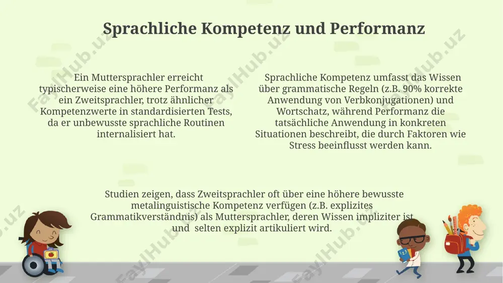 und kognitiven strategien wie chunking und mnemotechniken, wesentlich stärker als im muttersprachlichen erwerb. beim erwerb der muttersprache durchlaufen kinder verschiedene phasen, wobei zwischen dem 1. und 3. lebensjahr die schlüsselphase für den erwerb der phonologischen und syntaktischen strukturen liegt. im gegensatz zum mutterspracherwerb verläuft der erwerb einer zweiten sprache oft langsamer und weniger intuitiv, mit häufigeren interferenzen von der l1 und einem stärkeren bewusstsein für grammatische regeln. vergleich der lernmethoden muttersprachler entwickeln ein intuitives verständnis für idiomatische ausdrücke und komplexere satzstrukturen, während zweitsprachler oft auf explizites regelwissen und wörterbücher (ca. 5000 einträge) angewiesen sind. die natürliche sprachentwicklung bei muttersprachlern ist kontextbasiert und situationsgebunden, im gegensatz zum oft dekontextualisierten und strukturierten lernprozess von zweitsprachenlernenden mit fokus auf formale tests (z.b. sprachzertifikate). beim erwerb der muttersprache erfolgt der spracherwerb implizit über ca. 5-7 jahre, während der offizielle zweitspracherwerb explizit mit lehrmethoden wie grammatikübungen (ca. 1000h) und vokabeltests erfolgt. muttersprachlicher spracherwerb muttersprachlicher spracherwerb …