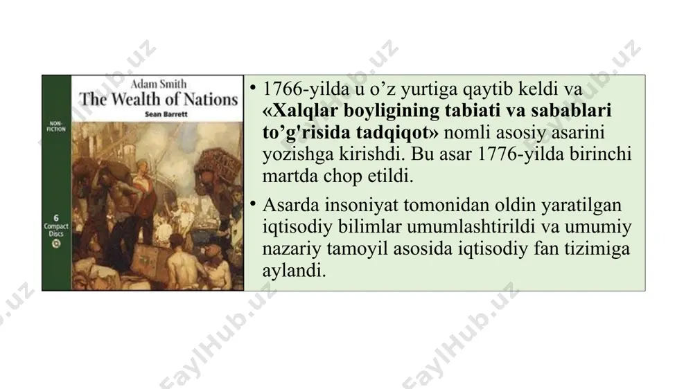 inf hisoblanadi, ular mulk egasi emas va ular mehnatini sotib, daromad ko’rinishida ish haqi oladi. v) “ko’rinmas qo’l” a.smit aytib o’tgan «ko’rinmas qo’l» bozor mexanizmidir. u odamlarni o’z istak va xohishlariga bog’liq bo’lmagan holda maqsad sari yo’naltirib turadi. masalan, agar qandaydir bir mahsulotga, aytaylik, nonga bo’lgan talab oshsa, novvoylar uning narxini oshiradilar. ularning daromadlari oshadi. kapital bir tarmoqdan ikkinchi tarmoqqa oqib o’tib turadi, ayni chog’da u non yopish sanoatiga oqib o’ta boshlaydi. natijada non ishlab chiqarish ko’payadi va narx yana pasaya boshlaydi. bu yerda a.smit shaxsiy manfaatni raqobat va xo’jalik mexanizmining ichki harakatlantiruvchi kuchi sifatida ko’rsatib bergan. g) qiymat va bahoning shakllanishi a.smit bozor bahosining beqarorligini talab va taklifdagi doimiy o’zgarishlarning natijasi ekanligini ko’rsatib o’tadi. lekin boylikning «haqiqiy» qimmati doimo o’zgarib turishi mumkin emas. shuning uchun a.smit o’z oldiga tovarning «real», «tabiiy» bahosini, ya‘ni uning qiymatini topish vazifasini qo’ydi. bunda u bir vaqtning o’zida ikki har xil konsepsiyadan foydalandi. birinchisi …