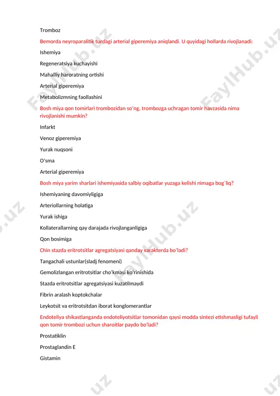 lin prostaglandin e gistamin tromboksanlar araxidon kislotasi g’avvoslarda qaysi emboliya rivojlanish xavfi yuqori? выберите один ответ: a. gaz emboliyasi b. yog’ emboliyasi c. yot jism emboliyasi d. bakterial emboliyasi e. havo emboliyasi отзыв your answer is incorrect. shohruh_lech, [22.11.2021 21:04] правильный ответ: gaz emboliyasi вопрос 11 нет ответа баллов: 0,00 из 1,00 не отмечено текст вопроса havo emboliyasi qaysi qon tomirlar shikastlanganda kuzatiladi? выберите один ответ: a. bo‘yinturug‘ vena b. uyqu arteriyasi c. son arteriyasi d. aorta e. son venasi отзыв your answer is incorrect. правильный ответ: bo‘yinturug‘ vena вопрос 12 нет ответа баллов: 0,00 из 1,00 не отмечено текст вопроса ishemik stazni modellashtirish uchun ko'ngilli yelkasiga turniket qo'yildi. shu bilan birga, tomirlar va arteriyalar siqildi. ushbu alomatlardan qaysi biri o'rganuvchining bilagida tezroq paydo bo'ladi? выберите один ответ: a. qizarish b. to'qimalarning shishishi c. siyanoz d. paresteziya e. kichik tomirlarning pulsatsiyasi отзыв your answer is incorrect. правильный ответ: paresteziya вопрос …