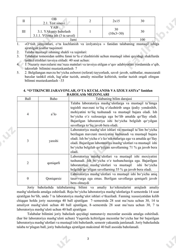 zularini qamrab olgan bo‘limi yakunlangandan keyin yozma ish shaklida o‘tkaziladi. ob lar soni 2 marta o‘tkazilib, bir oraliq baholash uchun maksimal 15 ball, belgilangan, 2 ta ob uchun 30 ball ajratilgan. har bir oraliq baholash uchun talabalarga alohida variant tuzilgan bo‘lib, ularga uchtadan savollar kiritilgan va quyidagi mezonlar asosida baholanadi. ball baho talabaning bilim darajasi 13–15 a’lo talaba variant bo‘yicha berilgan to‘rtta savolga to‘liq javob yozgan va bu javoblarni mantiqan asoslagan, sxemalar sifatli qilib chizilgan. 11–12 yaxshi talaba variant bo‘yicha berilgan savollarga deyarli to‘liq javob yozgan sxemalar keltirilgan. mavzu bo‘yicha o‘z xulosasiga ega 9–10 qoniqarli talaba variant bo‘yicha berilgan savollarga asosan javob yozishga xarakat qilgan, sxemalar keltirilgan. 0–8 qoniqarsiz talaba variant bo‘yicha berilgan savollarga deyarli javob yozmagan. sxemalar keltirilmagan. mavzu bo‘yicha xech qanday xulosaga ega emas oraliq baholash bosqichida talaba xar ikki ob dan olgan ballari qo‘shilib, maksimall 30 ballga nisbatan baholanadi. – fandan yakuniy baholash bosqichida talabaning bilimi, malakasi …