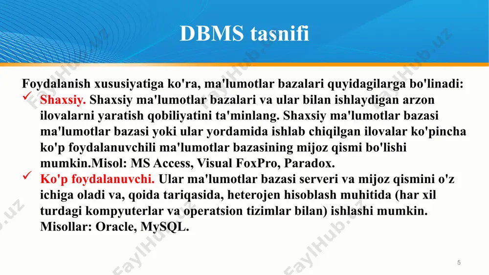tasnifi amaldagi ma'lumotlar modeliga ko'ra ierarxik tarmoq aloqaviy ob'ektga yo'naltirilgan ob'ektga aloqador nosql: “asosiy qiymat” hujjatli film ustunli (ustun) ... 15 dbms tasnifi ma'lumotlar bazasini ma'lumotlarni taqdim etish modeliga ko'ra tasniflash: ierarxik tarmoq aloqaviy ob'ektga yo'naltirilgan 16 ierarxik ma'lumotlar bazasi elementlar orasidagi bog'lanish bo'ysunish turiga ko'ra amalga oshiriladigan va sxematik tarzda daraxt sifatida tasvirlangan ma'lumotlar bazasi. ierarxiya ildiz tugunidan boshlanadi. har bir tugunda faqat bitta "ajdod" va n "bolalar" mavjud. (+) taqdimotning soddaligi va noaniqligi, murojaat qilish qulayligi (-) dasturiy ta'minot va apparatga sezilarli darajada bog'liqlik misol: windows papkalar daraxti, internet mahsulot katalogi 17 ierarxik ma'lumotlar bazasi 18 narxlar jadvali: sotuvchi (1-darajali) mahsulot (2-daraja) model (4-daraja) narxi (5-daraja) ishlab chiqaruvchi (3-daraja) $306 $312 s93 x93b sony phillips samsung monitorlar printerlar kay tarmoq ma'lumotlar bazasi ob'ektlar orasidagi har qanday munosabat mumkin. agar siz ushbu modelni grafik tarzda tasvirlasangiz, siz o'qlar bilan chiziqlar bilan bog'langan tekislikdagi tugunlar to'plamini olasiz. (+) ob'ektlar orasidagi …
