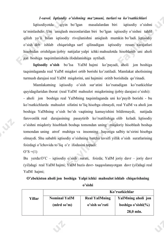 nal yaim (mlrd so’m) real yaimning o’sish so’rati yaimning aholi jon boshiga o’sishi(%) 28,0 mln. 1999 2128.7 4.3 2.8 2000 3255.6 4.0 2.5 2001 4868.4 4.2 3.1 2002 7469.3 4.2 3.2 2003 9664.1 4.4 3.2 2004 12189.4 7.7 6.5 2005 15932.4 7.0 6.0 2006 20759.3 7.3 6.2 2007 28186.2 9.5 8.0 2008 36839.4 9.0 8.0 2009 8.1 iqtisodiy o’sish so’ratining ahamiyatini iqtisodchilar tomonidan qo’llanuvchi “70 miqdori qoidasi” yordamida ham ko’rsatish mumkin. bu qoidaga ko’ra, milliy iqtisodiyotda ishlab chiqarilayotgan yaimning 2 barovarga oshirishda qancha vaqt talab etilishini aniqlash uchun 70 sanini yillik o’sish suratiga bo’lish kerak bo’ladi. masalan, mamlakatimizdagi o’sish suratining 9,5 % darajasida yaim ning 2 barobar oshirish uchun 7,3 yil talab etilgan (70:9,5). holbuki, iqtisodiy o’sishning 2000 yildagi 4,0 % darajasida bu ko’rsatiqichga 17,5 yilda (70:4) erishish mumkin bo’lgan. keyingi yillarda iqtisodiy o’sish suratining yanada oshirilishi bu muddatning sezilarli ravishda qisqarishga olib keladi. ijtimoiy mahsulotning o’sish surati bilan ishlab …