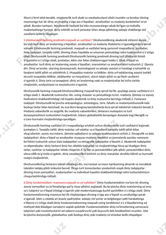 likning turli tarmoqlarida asrlar davomida shakllangan an'analar, jumladan, ilk cherkov otalari, kengashlar va cherkov hokimiyatlari ta'limotlari ta'sir ko'rsatadi.3. cherkov ta'limotlari: xristianlik ta'limotlarining ilohiyotshunoslar, ruhoniylar va diniy muassasalar kabi tan olingan hokimiyat tomonidan talqin qilinishi va ta'limotlari xristian jamoalarining e'tiqodlari va amaliyotlarini shakllantiradi.4. shaxsiy tajriba: ko'pgina masihiylar e'tiqod va ishonch manbalari sifatida ibodat, ruhiy uchrashuvlar va muqaddas ruhning mavjudligi kabi shaxsiy imon tajribalarining muhimligiga ishonishadi. umuman olganda, xristianlikning kelib chiqishi, tarqalishi va e'tiqod manbalari uning turli konfessiyalar va global mavjud bo'lgan dunyodagi asosiy dinlardan biriga aylanishiga yordam berdi. 3.islom dinida asosiy oqimlar va mazhablar? islom dini, boshqa ko‘plab yirik jahon dinlari kabi, vaqt o‘tishi bilan rivojlangan turli oqim va mazhablarga ega. islomda ko'plab talqin va oqimlar mavjud bo'lsa-da, asosiy oqim va mazhablardan ba'zilari quyidagilardir:1. sunniylik islom: sunniylik islomdagi eng katta mazhab bo'lib, butun dunyodagi musulmonlarning ko'pchiligini ifodalaydi. sunniy musulmonlar muhammad payg'ambarning sunnatlari (an'analari) va ilk islom jamoasi hukmlariga asoslangan ta'limot va …