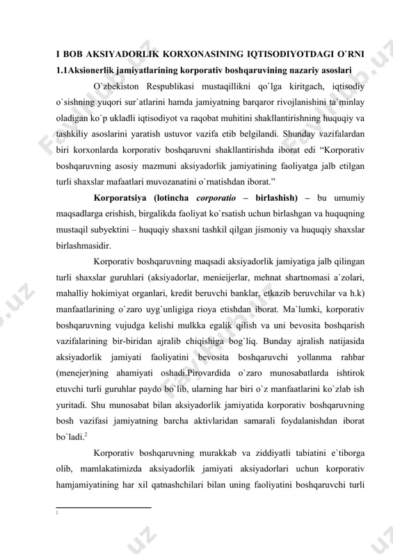 mulkka egalik qilish va uni bevosita boshqarish vazifalarining bir-biridan ajralib chiqishiga bog`liq. bunday ajralish natijasida aksiyadorlik jamiyati faoliyatini bevosita boshqaruvchi yollanma rahbar (menejer)ning ahamiyati oshadi.pirovardida o`zaro munosabatlarda ishtirok etuvchi turli guruhlar paydo bo`lib, ularning har biri o`z manfaatlarini ko`zlab ish yuritadi. shu munosabat bilan aksiyadorlik jamiyatida korporativ boshqaruvning bosh vazifasi jamiyatning barcha aktivlaridan samarali foydalanishdan iborat bo`ladi. korporativ boshqaruvning murakkab va ziddiyatli tabiatini e`tiborga olib, mamlakatimizda aksiyadorlik jamiyati aksiyadorlari uchun korporativ hamjamiyatining har xil qatnashchilari bilan uning faoliyatini boshqaruvchi turli organlari o`rtasidagi kelishuvlar va ziddiyatlarni hal etish mexanizmini shakllantirish muammosi alohida ahamiyat kasb etadi. shu munosabat bilan korporativ xatti-harakat mexanizmini tartibga soluvchi turli ko`rinishdagi kodekslar, xususan, aksiyadorlar manfaatlarini ta`minlash masalalari, boshqaruvchining aksiyadorlik jamiyatining umumiy yig`ilishi oldida hisob berishi masalalarini ifodalovchi qoidalar ishlab chiqilishi zarur. aksiyadork jamiyatlari korporativ boshqaruvni tashkil etishda kuzatuv kengashining funksiyalari qo`yidagicha: · har bir jamiyatda kengash maqsadi, vazifasi, vakolati va javobgarligi ta`riflangan hamda o`ziga quyidagi asosiy qoidalarni …