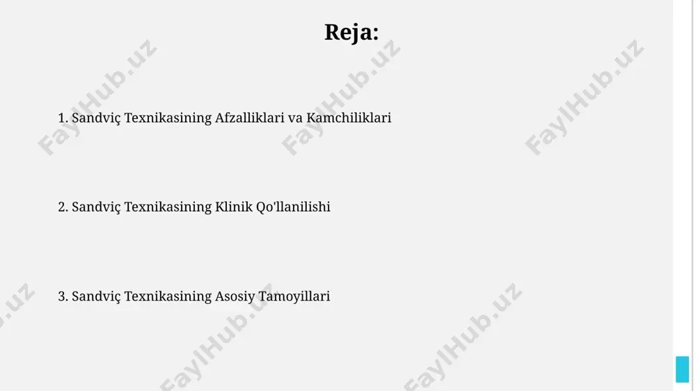 sandwich texnikasida 2-3 mm qalinlikdagi kompozit materialdan foydalaniladi, bu esa kuchli va estetik restavratsiyani ta'minlaydi. kerakli soyalarning mavjudligi muhim. sandviç texnikasining cheklashlari sandviç texnikasi katta toʻldirgichlardan foydalanganda, masalan, 5 mm dan ortiq boʻlganda, stress konsentratsiyasi xavfini oshirishi mumkin, bu esa yorilishga olib kelishi mumkin. ushbu texnika, ayniqsa, preparatsiya chegaralari noaniq yoki yomon tayyorlangan hollarda, muhrning etarlicha yopishmasligiga va marginallar boʻyicha shikastlanishlarga olib kelishi mumkin. mumkin bo'lgan asoratlar ba'zi hollarda, taxminan 1% hollarda, materialga allergik reaksiya, masalan, kompozit yoki sementga, kuzatilishi mumkin, bu toshma yoki qichishish shaklida namoyon bo'ladi. sandviç texnikasidan keyin 5-10% hollarda bemorlarda og'riq va shish kuzatilishi mumkin, bu odatda 3-5 kun ichida o'z-o'zidan yo'qoladi. alternativ texnikalar qalinligi 1 mm dan oshmaydigan bir nechta ingichka qatlamlarni qo'llash, har bir qatlamning to'liq polimerizatsiyasini ta'minlaydi va shuningdek, rang o'zgarishlarini oldini oladi. "sandwich" texnikasida, o'rta qatlam sifatida opalestsent yoki insiziv kompozitlarni qo'llash, tabiiy tishlarning translyusensiyasini taqlid qilishga yordam beradi va estetik natijani …