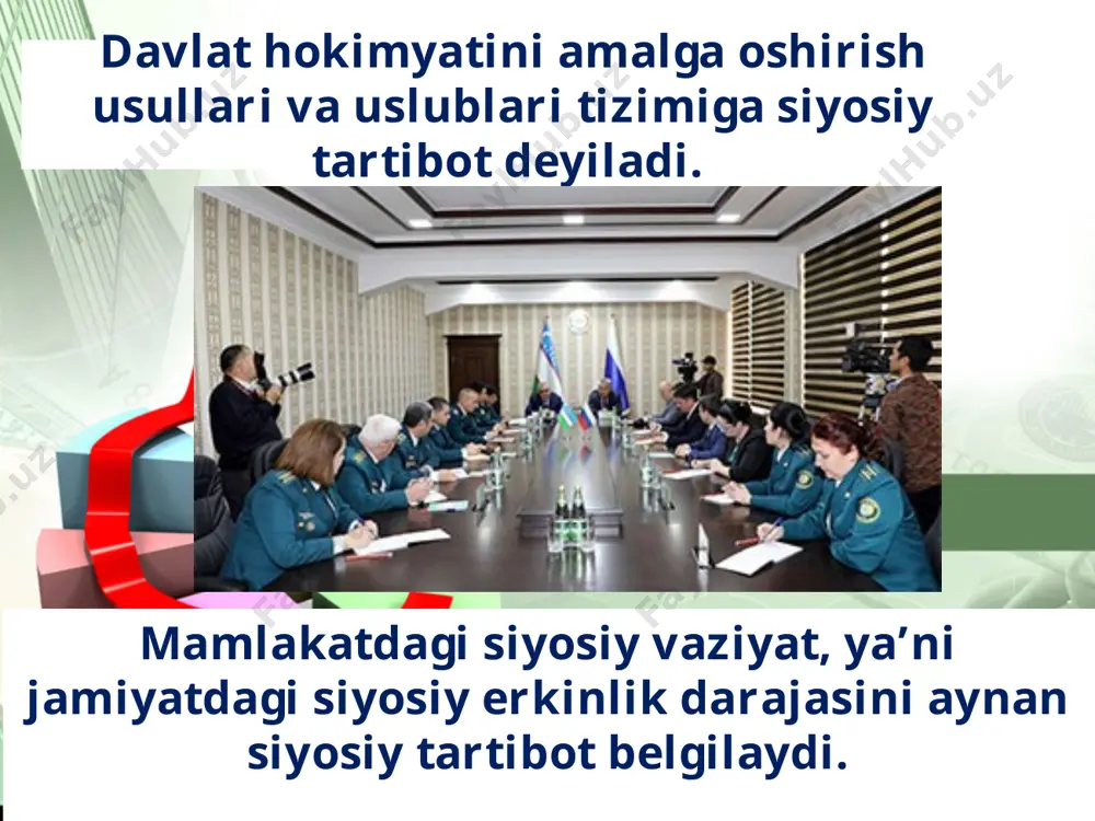 kat qiladilar. demokratik saylovda g‘alaba qilgan siyosiy partiyalar hukumatni tuzish va o‘z siyosatini o‘tkazish huquqiga ega bo‘ladilar. demokratiyaga zid tartibot – nodemokratik tartibot deb ataladi. bunday tartibotda davlat idoralari demokratik tamoyillar va qoidalarga rioya etmaydilar. davlat boshqarishini amalga oshirish maxsus idoralar tomonidan amalga oshiriladi va bu idoralar huquqshunoslik fanida davlat organlari deyiladi. davlat organlari quyidagi turlarga bo‘linadi: a) vakillik organlari: qonun chiqaruvchi, mahalliy xalq deputatlari kengashlari; b) ijroiya organlari: davlat boshlig‘i (prezident, monarx), hukumat, vazirlik va davlat qo‘mitalari, huquqni muhofaza qiluvchi idoralar (prokuratura, ichki ishlar vazirligi va uning organlari, adliya vazirligi va boshqalar); d) mahalliy ijroiya organlari (viloyat, tuman va shahar hokimliklari); e) sud va konstitutsiyaviy nazorat idoralari: konstitutsiyaviy sud, oliy sud va uning viloyat (shahar bo‘g‘inlari). savol va topshiriqlar: 1. siyosiy tartibot nima? 2. siyosiy tartibot turlarini aytib bering. 3. “demokratiya” so‘zining lug‘aviy ma’nosi bilan “demokratiya” atamasining mohiyatini taqqoslang. 4. demokratik tartibotning asosiy belgilarini sanab bering. 5. demokratik tartibot …