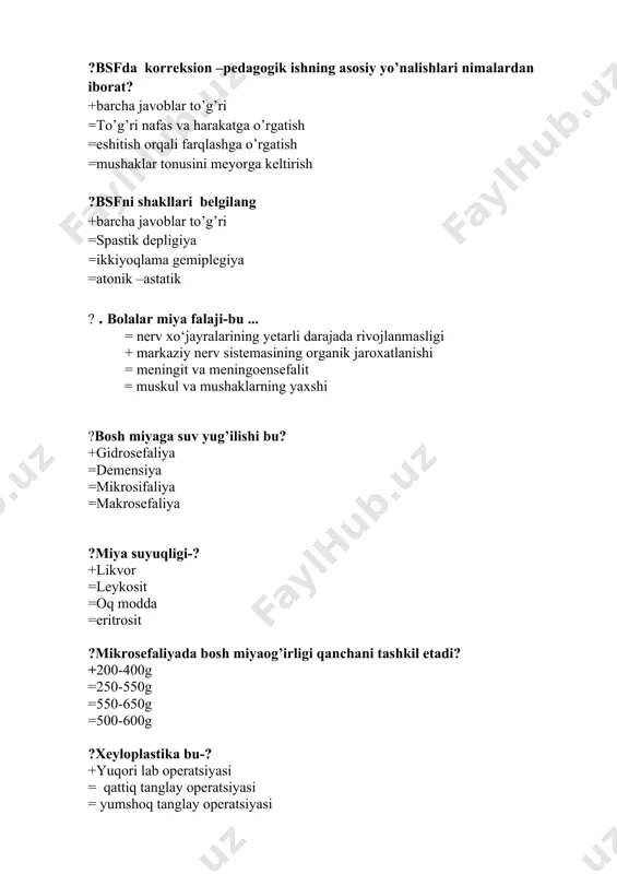 lash va o‘qitish haqidagi fan =nuqsonli bolalar pedagogikasi =nutq nuqsonlarni o‘rganuvchi fan =ko‘zi ojiz bolalarni tarbiyalash va o‘qitish xaqidagi fan ?mujassam nuqsonli bolalar deganda nimani tushinasiz ? +bir necha nuqsonning birga kelishi =nutqida nuqsoni bo‘lgan bolalar =ko‘r, kar, soqov bolalar =aqli zaif bolalar ?maxsus maktablarga bolalar necha yoshdan qabul qilinadi ? +7 yosh. =8 yosh. =6 yosh. =9 yosh. ?maxsus maktab sinflarida o‘quvchilar soni nechta bo‘ladi ? +10-12 =7 ta. =12-14 ta. =10 ta. ?t.pp.k.da tekshirishning qanday usullari o‘tkaziladi ? psixologo-pedagogik =tibbiy, logopedik. +tibbiy, psixologik, pedagogik, logopedik. =logopedik, psixologo-pedagogik. ?t.p.pk. faoliyati nimadan iborat ? nutqida nuqsoni bo‘lgan, harakat-tayamch a’zolari jaroxatlangan bolalarga tashxis qo‘yish. =ko‘r, kar bolalar aqli zaif bolalarga tashxis qo‘yish =imkoniyati cheklangan bolalarni maxsus muassalarga yo‘naltirish +barcha javoblar to‘g‘ri ?bolalar konvensiyasi nechanchi yil qabul qilingan ? +bmt 1989 y. =1992 y. =1987 y. =1990 y. ?tarbiya nima ? +xamma javoblar to‘g‘ri. =bolalarni ongiga va hulqiga ta’sir etish. =bilish faoliyatini …