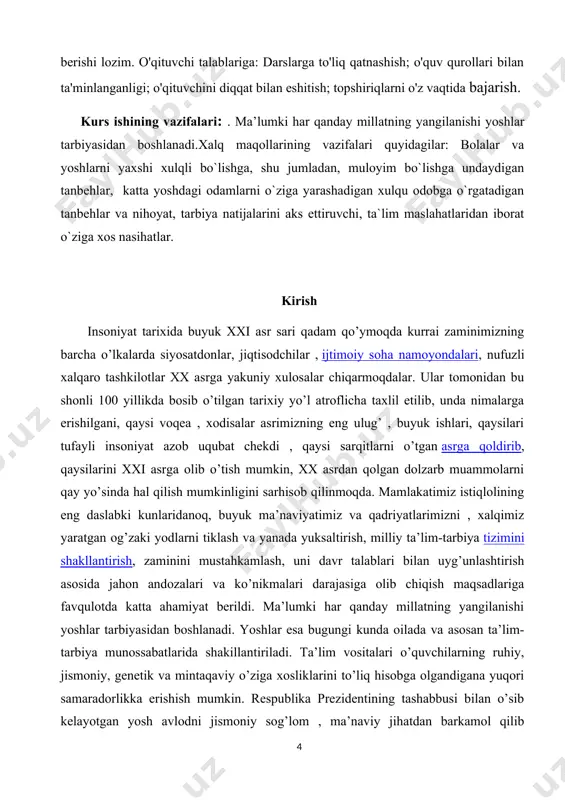 ing xaqiqiy tarixini bilish mumkin emas”. shunday ekan, xalq og’zaki ijodini o’rganish boshqa ijtimoiy fanlar kabi pedagogika tarixini o’rganish uchun ham g’oyat muhim ahamiyatga ega. chunki “xalq pedagogikasi asta-sekin xalq ommasi ichida tarkib topa boradi va xalq ijodining topishmoq, matal, maqol, ertak, doston va qo’shiq kabi yodgorliklarida aks ettiriladi”. xalq ommasining turmush faoliyat jaroyonida to’plangan tarbiya borasidagi tajriba va bilimlar yig’indisi xalq pedagogikasining mazmuni ifodalaydi. ya’ni xalq pedagogikasi – mehnatkash xalq va xalq donishmandlarining zamon yoshlarini kutilgan maqsadga muvofiq kishilar qilib yetishtiradigan tarbiyaning maqsad va vazifalariga bo’lgan qarashlari hamda xalq ommasi tomonidan ta’lim-tarbiya ishlarini amalga oshirish bobida qo’llanib kelingan usul vosita , ko’nikma va malakalar birligi ifodalovchi tajribalar asosida to’plangan bilim va ma’lumotlar yig’indisidir. boshqacha qilib aytganda, xalq pedagogikasi xalq ommasining og’zaki tarzda yaratgan avloddan avlodga o’tib kelayotgan tarbiya haqidagi ma’lumotlar – pedagogik ijodlari yig’indisidir. biroq bu pedagogik ijodlar yig’indisi pedagogika fani ilmiy pedagogika bo’la olmaydi. u pedagogika fanining predmeti …