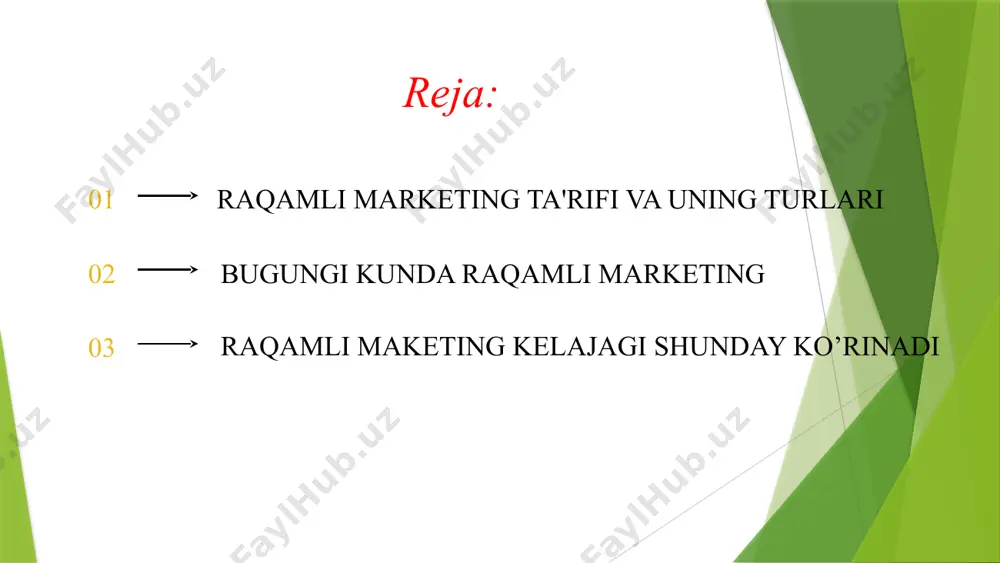 htirish va mahsulotlarini namoyish qilishni boshladilar. elektron pochta marketingi: massaviy elektron pochta xabarlarini yuborish orqali mijozlarga yetib borishga urinishlar amalga oshirildi (spam ham shu davrda paydo bo’ldi). bannerli reklama: veb-saytlarda bannerlar joylashtirilib, reklama qilinish boshlandi. qidiruv tizimi optimallashtirish (seo)ning ilk shakllari: veb-saytlarni qidiruv natijalarida yuqori o’rinlarga chiqarishga urinishlar paydo bo’ldi. xususiyatlari: asosan statik, bir tomonlama aloqa, o’lchov va hisob-kitoblar murakkab edi. 2. o’zaro ta’sir davri (2000-yillar): rivojlanishi: internet tezligi oshdi, keng polosali ulanishlar ommalashdi, ijtimoiy media platformalari paydo bo’ldi. shakllari: qidiruv tizimi marketingi (sem) va ppc: google adwords (hozirgi google ads) kabi platformalar paydo bo’lib, to’lovli reklama imkoniyatlari yaratildi. ijtimoiy media marketingi (smm): facebook, twitter, linkedin kabi ijtimoiy media platformalarida brend sahifalari yaratildi, kontent tarqatish va o’zaro aloqalar yo’lga qo’yildi. bloglar va kontent marketingi: bloglar orqali qiziqarli kontent yaratish va auditoriyani jalb qilish uslubi rivojlandi. elektron pochta marketingini takomillashtirish: segmentatsiyalash, avtomatlashtirish va shaxsiy xabarlarni yuborish kabi ilg’or usullar qo’llanildi. xususiyatlari: …