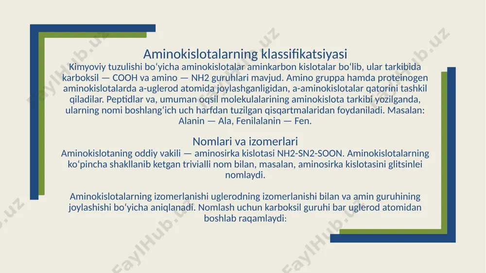 tativ reaktsiyalarda metallarning ionlari (k+,na+,mg+2,zn+2,cu+2) va boshqalar aktivator vazifasini bajaradi.ular ferment-subsrat yoki koferment-apoferment komplekslari hsil bo’lishini osonlashtiradi,natijada reaksiya tez sodir bo’ladi. fermentlarning aktivligini pasaytiruvchi kimyoviy va fizikaviy sharoitlar – ingibitorlar deyiladi.ingibirlash 2 xil bo’lib : qaytar va qaytmas ko’rinishga ega bo’ladi.ingibitorlar – bu elementlar yoki ma’lum moddalar bo’lib fermentning katalitik funksiyasini susaytiruvchi oqsil qismini cho’kmaga tushirish natijasida aktivligini susaytiruvchi og’ir metall tuzlari yoki fermentning aktiv qismi bilan kimyoviy bog’ hosil qilish hisobiga susaytiruvchi moddalar kirishi mumkin.ingibitorlarning eng kuchlisi tsianid (cn) hisoblanadi. fermentlar kimyoviy reaaksiyalar tezligini oshiradi,shuning uchun anorganik katalizatorlarni eslatadi.bu biokatalizatorlar anorganik katalizatorlardan farqi,fermentlar-yumshoq sharoitda (past temperatura,normal bosim,ma’lum rn qiymatga ega bo’gan sharoitida) eng yuqori aktivlikka ega.masalan temir ionlari vodorod peroksidini va kislorodgacha parchalaydi.tarkibida temir tutuvchi katalaza fermenti esa bu substatni 10 milliard marta katta tezlikda parchalay oladi. biologik maanbalardan ajratib olingan fermentlar alohida sharoitda saqlanganda, uzoq vaqtgacha o’z aktivligini yo’qotmaydi.ularning bu hususiyati meditsina,sanoat va xalq xo’jaligining turli sohalarida keng …