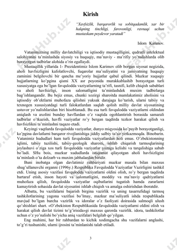 hunchalarning mazmuni, moxiyatini hamda shu sohaning xuquqiy me’yoriy hujjatlarini to’g’ri aniqlab unga amal qilish fuqarolarning burchi hisoblanadi. aholi havfsizligini ta’minlash insonlar salomatligini yuksak darajaga ko’tarish masalalari bo’yicha ham bir qancha qonuniy hujjatlar qabul qilingan.jumladan «aholini va hududlarini tabiiy hamda texnogen hususiyatli favqulodda vaziyatlardan muhofaza qilish to’g’risida»gi qonunning asosiy maqsadi aholini va hududlarini tabiiy va texnogen hususiyatli favqulodda vaziyatlardan muhofaza qilish sohasidagi ijtimoiy munosabatlarni tartibga soladi hamda favqulodda vaziyatlar ro’y berishi va rivojlanishining oldini olish, favqulodda vaziyatlar keltiradigan talofatlarni kamaytirish va favqulodda vaziyatlarni bartaraf etishdan, «gidrotexnika inshoatlarininig xavfsizligi to’g’risida»gi qonun - gidrotexnika inshoatlarini loyixalashtirish, qurish, foydalanishga topshirish, ularni rekonstruktsiya qilish, tiklash, kontservatsiyalash va tugatish, havfsizligini ta’minlash bo’yicha faoliyatini amalga oshiradi, yuzaga keladigan munosabatlarni tartibga solishdan iborat. «fuqaro muhofazasi to’g’risida»gi konun - fuqaro muhofazasi sohasidagi asosiy vazifalarni, ularni amalga oshirishning huquqiy vakolatlarini davlat organlarining, korxonalar, muassasalar va tashkilotlarning vakolatlarini, o’zbekiston respublikasi fuqorolarinipg huquqlari va majburiyatlarini, shuningdek fuqaro muhofazasi kuchlari va vositalarin belgilashdan …