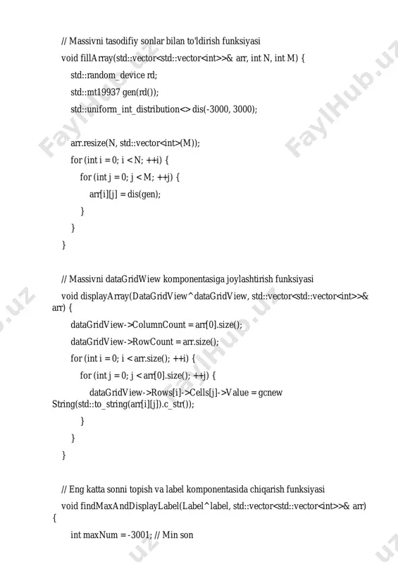 object^ sender, system::eventargs^ e) { // n va m qiymatlarini olish int n = system::convert::toint32(textbox1->text); int m = system::convert::toint32(textbox2->text); // massiv yaratish va to'ldirish std::vector > arr(n, std::vector (m