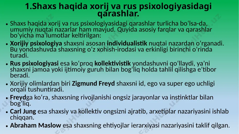 iy psixologiyada ham, yosh psixologiyasi va pedagogik psixologiyada ham, differensial, huquqiy psixologiya va psixologiyaning qator maxsus bo‘limlarida ham o‘rganiladi. har bir bo‘lim yoki tarmoq uni o‘z mavzui va vazifalari nuqtai nazaridan shaxsga taalluqli bo‘lgan muammolarni yoritadi. masalan, umumiy psixologiya shaxsni psixologik faoliyatning mahsuli, alohida psixik jarayonlarning egasi deb hisoblasa, sotsiologiya uni ijtimoiy munosabatlarning ob’ekti deb qaraydi. shaxsni o‘rganishning ijtimoiy psixologiya uchun o‘ziga xosligi shaxs muammosiga ijtimoiy-psixologik yondashishning o‘ziga xosligi shundaki, u turli guruhlar bilan bo‘ladigan turli shakldagi o‘zaro munosabatlarning oqibati sifatida qaraladi. ya’ni, ijtimoiy psixologiya avvalo biror guruhning a’zosi hisoblangan shaxs xulq-atvori qanday qonuniyatlarga bo‘ysunishini, shaxsning muloqotlar sistemasida olgan ta’sirlari uning ongida qanday aks topishini o‘rganadi. guruhning shaxs psixologiyasiga ta’siri qay yo‘sinda sodir bo‘lishi ijtimoiy psixologiyada sotsializatsiya, ya’ni ijtimoiylashuv muammosi bilan uzviy bog‘liq bo‘lsa, bu ta’sirlarning shaxs hatti-harakatlari, xulqida bevosita qanday namoyon bo‘lishi ijtimoiy yo‘l-yo‘riqlar muammosi bilan bog‘liqdir. ana shular asosida shaxsda shakllanadigan fazilatlar va ularning turli tipdagi shaxslarda namoyon …