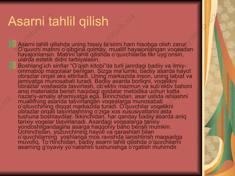 dagi gaplar ishlatilishi zarur. shunday qilib, o’quvchilarda matn ustida ishlash ko’nikmasini shakllantirishda ular diqqati ishning mazmuni va bajarish yo’llariga qaratiladi. adabiyotlar ro`yхati: q.qоsimоva «bоshlang’ish sinf оna tili o’qitish mеtоdikasi. t. «o’qituvshi» 1984 y. ashrapоva m., abdullaеva g.va bоshq. оna tili o’qitish mеtоdikasi. t. «o’qituvshi» 1983 y. mamayusupоv m., shukurоva h. «i-iy sinf оna tili o’qitish uslubi» ma’ruzalar to’plami. jizzaх- 2002 yil. «bоshlang’ish ta’lim» jurnali 1994-2005 yillar.