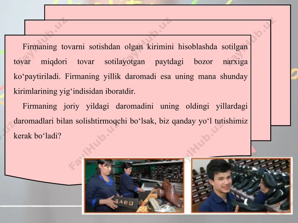 yda oldi. demak, firma faoliyatining bu oydagi foydalilik darajasi r = pr : tc = 7 500 000 : 30 000 000 = 0,25 yoki 25% ga teng bo‘ladi. odatda, samaradorlik foizlarda ko‘rsatiladi. korxona faoliyatining foydalilik ko‘rsatkichi 25% ga teng bo‘lishi yaxshi ko‘rsatkich hisoblanadi. bu yerda: r — samaradorlik; pr — foyda miqdori; tc — xarajatlar miqdori. mashq firma birinchi oyda 20 000 000 so‘m xarajat qilib, 25 000 000 so‘m daromad qildi. ikkinchi oyda esa 25 000 000 so‘m xaraja t qilib, 30 000 000 so‘m daromad qildi. qaysi oyda firma faoliyatining samaradorligi yuqoriroq bo‘lgan? firmaning ma’lum muddatdagi iqtisodiy faoliyatining natijalari uning foyda va zarari haqidagi hisobotida o‘z aksini topadi. korxona ishlab chiqarish faoliyatining rivojlanishida aylanma mablag‘larning bir maromda aylanib turishi muhim ahamiyatga ega. bu mahsulotni ishlab chiqarishdan tortib, uni sotishgacha bo‘lgan jarayonni oqilona boshqarishni taqozo etadi. aylanma mablag‘ miqdorining kamayib ketishi ishlab chiqarish hajmining kamayib ketishiga olib keladi. …