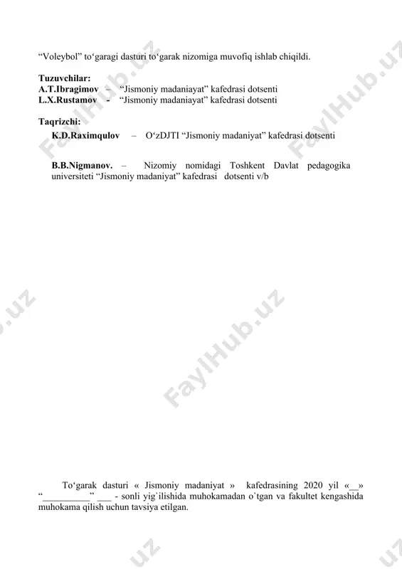 ublikasi konstitutsiyasiga, joriy qonunchilikka, ilmiy kengash qarorlariga, rektor buyruqlariga, mazkur nizomga, shuningdek, demokratizm, oʻz-oʻzini boshqarish, qonunchilik printsiplariga tayanadi. ii. toʻgarakka a’zolik 2.1. toʻgarakka mustaqil ravishda ish olib borayotgan, yoki fakulьtetdagi har qanday kafedraning ishlarida ishtirok etayotgan yoki ishtirok etishni xohlaydigan, shu ta’lim muassalarida oʻqiyotgan barcha talabalar a’zo boʻlishi mumkin. 2.2. toʻgarak a’zoligiga qabul qilish unga a’zo boʻluvchining toʻgarak rahbari nomiga yozgan yozma arizasi hamda bir oʻqituvchining yoki ota-onalarining tavsiyasi asosida amalga oshiriladi. 2.3. har bir a’zoning qabul qilinishi tegishli qaror asosida rasmiylashtiriladi, yangi a’zo toʻgarak a’zolari roʻyxatiga kiritiladi va unga tegishli tarzdagi a’zolik bileti topshiriladi. 2.4. toʻgarak a’zosi toʻgarakdan mazkur nizom talabalarini buzgan taqdirda toʻgarakning umumiy yigʻilishi qarori bilan chetlashtirilishi mumkin. iii. toʻgarak a’zolarining huquq va majburiyatlari toʻgarak a’zolari quyidagi huquqlarga ega: 1. toʻgarakning rahbar organlariga saylash va saylanish; 2. toʻgarak ishida ishtirok etish; 3. sport tadbirlarida ishtirok etish; 4. toʻgarak rahbarini yozma ravishda ogohlantirgan holda toʻgarak a’zoligidan chiqish. iv. …