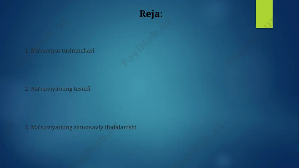 nchalarini shakllantirgan. ma'naviyatning klassifikatsiyasi ma'naviy rivojlanishning 7 bosqichi modeliga ko'ra, odamlar turli xil ma'naviy qarashlar va amaliyotlarni o'zlashtirish orqali rivojlanadilar, bu esa 7 ta aniq bosqichda ifodalanadi. ba'zi tadqiqotchilar ma'naviyatni 5 darajaga bo'lishgan: boshlang'ich, rivojlanayotgan, o'rta, yuqori va eng yuqori darajalar, har bir bosqich ma'lum bilim va tajribalarni o'z ichiga oladi. ma'naviyatni 3 asosiy turga: diniy, dunyoviy va transandantal bo'limlarga ajratish mumkin, har biri o'ziga xos xususiyatlarga va amaliyotlarga ega. ma'naviyatning asosiy xususiyatlari ma'naviyat rivojlanishi uchun 2 bosqich – o'z-o'zini kashf etish va o'z-o'zini takomillashtirish, 10 ta amaliyotni muntazam bajarish zarur. ma'naviyat insonning ichki dunyosining boyligi, 3 ta asosiy qiymat – iymon, mehr-oqibat va adolatga asoslangan 7 ta fazilatni o'zida mujassam etadi. ma'naviyat shaxsning o'z-o'zini anglashi, 5 ta hissiy komponent – sevgi, mehr, hurmat, qadr-qimmat va ma'naviy muvozanatni o'z ichiga oladi. ma'naviyatning rivojlanish bosqichlari ma'naviy rivojlanishdagi 5 ta asosiy omil: oila, ta'lim, ijtimoiy muhit, shaxsiy tajriba va maqsadli harakatlar. ularning …