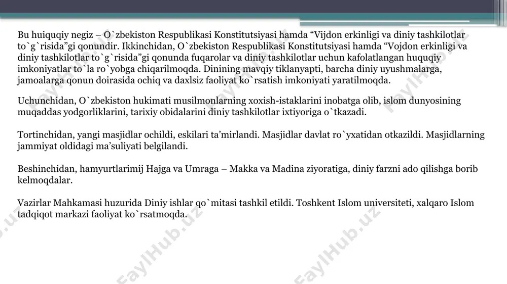 k vazifasi deb ataladi. din doimo ijtimoiy, etnik, ijtimoiy va ma’naviy hayotda uzviylik, muntazamlilikni ta’minlash maqsadida u xalqlarning ijtimoiy hayotiga, axloqiy munosabatlariga, adabiyoti va san’atiga bog‘langan. masalan, yahudiylikda mazkur din vakillari bir mafkura atrofida bir millat va yagona maslak egalari bo‘lib, yagona xudo yahvening sevimli bandalari ekanligi uqtiriladi. xristianlikda diniy me’moriy, tasviriy, musiqa san’atidan foydalanib ikona chizuvchilar maktablari faoliyat olib boradi. uchinchidan, har bir din o‘z qavmlari turmushini tartibga solib nazorat qiluvchilik – regulyatorlik vazifasini bajaradi. dinlar o‘z urf-odatlari, marosim va bayramlarining qavmlari tomonidan o‘z vaqtida, qat’iy tartibda amal qilishini shart qilib qo‘yadi. masalan, islomda kuniga besh mahal namoz o‘qilishi, har hafta juma namozini jome’ masjidlarida ado etish va hokazolar. to‘rtinchidan, din aloqa bog‘lashlik – kommunikativlik vazifasini ham bajaradi, ya’ni har bir din o‘z qavmlarining birligi, turli dindagi kishilarning o‘zaro aloqalari, o‘zaro huquq va burchlarining borligi, urf-odat va ibodatlarni jamoa bo‘lib bajarilishi lozimligi nazarda tutiladi. beshinchidan, din qonunlashtiruvchilik – legitimlovchilik …
