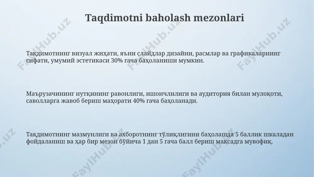 uvofiqligi (70%), mazmunning aniqligi (20%) va taqdimotchi fazilatlari (10%) kabi og'irlik koeffitsientlaridan foydalanish tavsiya etiladi. taqdimotni takomillashtirish strategiyasi тақдимотнинг самарадорлигини баҳолаш учун камида 3 та мустақил экспертни жалб этиш, уларнинг фикрларини ўртача ҳисоблаш орқали объектив баҳо олишга ёрдам беради. тақдимотдан кейинги саволларга жавоб беришда аудиториянинг 90% дан ортиғининг саволларига жавоб бериш, тақдимотнинг сифатини ва маълумотларнинг тушунарлилигини кўрсатади. тақдимот мазмунининг 70% дан ортиғини визуал элементлар билан тўлдириш, аудиториянинг эътиборини жалб этиш ва тушунишни осонлаштиришга ёрдам беради. baholash jarayonini rejalashtirish баҳолаш жараёнини самарали ташкил этиш учун иштирокчилар сонини 5-10 киши билан чеклаш ва уларнинг баҳолаш мезонлари ҳақидаги билимларини ошириш орқали объективликни таъминлаш зарур. баҳолаш жараёнини режалаштиришда камида 3 та асосий мезон (масалан, мазмун, тақдим этиш маҳорати, визуал дизайн) ва уларнинг ҳар бирига 10 баллик шкала бўйича баҳо бериш тизимини жорий этиш муҳимдир. тақдимотнинг муваффақиятли баҳоланиши учун 20-30 дақиқалик вақт ажратиш, аудиториянинг фикр-мулоҳазаларини тўплаш учун сўровномалардан фойдаланиш ва натижаларни таҳлил қилиш мақсадга мувофиқдир. …