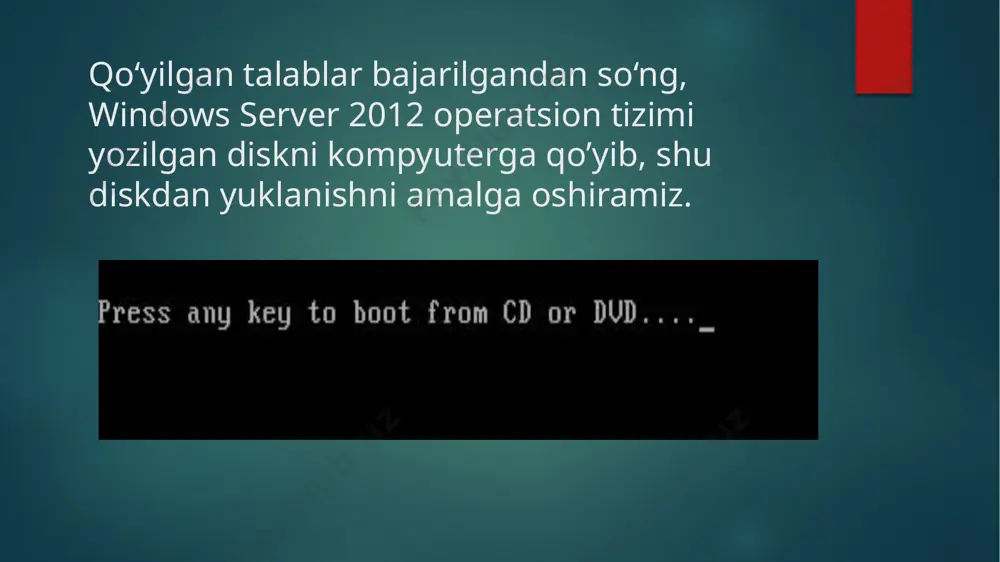 rakligini belgilaymiz. rasmdan ko‘rinib turibdiki, kompyuterda bitta 40 gb hajmga ega disk mavjud. bu diskni biz ikkiga bo‘lamiz, uning uchun «создать» tugmasini bosib, birinchi qism uchun joy ajratamiz, misol uchun 20 gb. dastlabki ajratilgan joydan, tizim zaxira diski tayyorlab oladi(350 mb). bu disk tizim yuklanishi uchun kerak. qolgan qismi shundayligicha qoladi, qolgan qismni operatsion tizim orqali bo‘lamiz. «далее« shundan so‘ng, fayllar ko‘chirilishi va o‘rnatilish boshlanadi, bu orada kompyuter o‘chib yonadi. kompyuter xarakteristikasiga qarab, 20-30 daqiqa davom etishi mumkin. bu orada tok ketib qolishini oldini oling, aks holda shuncha qilgan ishingizni boshqatdan qilish kerak bo‘ladi. o‘rnatilish amalga oshgandan so‘ng, faqat «администратор» foydalanuvchisiga parol kiritish talab qilinadi holos. parol qo‘yishda quyidagilar bo‘lishi kerak: 1. katta kichik harflar. 2. simvollar. 3. raqamlar. ulardan biri bo‘lmasa, xato beradi. qolgan sozlashlar operatsion tizim orqali amalga oshiriladi, shu bilan windows server 2012 operatsion tizimi o‘rnatilishi yakunlandi. image6.jpeg image7.jpeg image8.jpeg image9.jpeg image10.jpeg image11.jpeg image12.png image13.jpeg image14.jpeg image15.jpeg …