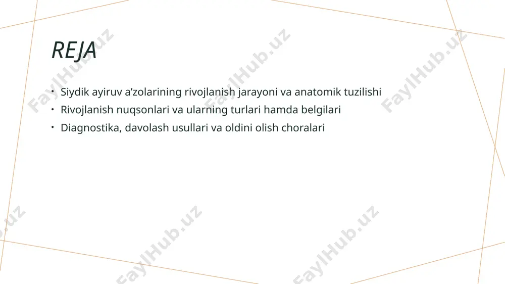 lanish jarayonida genetik va molekulyar faktorlarga asoslangan muhim nuqtalar, shuningdek, muvofiqlik va xatoliklarni oldini olish uchun o‘rganish zarur. siydik ayiruv a’zolarining rivojlanishida yuzaga keladigan anomaliyalar 1 anomaliyalar turi siydik ayiruv a’zolarida yuzaga keladigan anomaliyalar turli shakl va darajada bo‘lishi mumkin, ular ichida keng tarqalganlar — atrofiy, yopiq yoki shikastlangan holatlar. 2 genetik asoslar ba'zi rivojlanish nuqsonlari genetika bilan bog‘liq bo‘lib, ularning paydo bo‘lishi uchun genetik mutatsiyalar va irsiy xususiyatlar muhim rol o‘ynaydi. 3 tibbiy oqibatlar anomaliyalar nafaqat anatomik nuqsonlar, balki ularning klinik simptomlari, tashxis va davolash jarayonlariga ham ta’sir qilishi mumkin, bu esa sog‘liq muammolarini keltirib chiqaradi. xulosa 1 siydik ayiruv a’zolarining rivojlanish asoslari siydik ayiruv a’zolarining rivojlanishi genetik va epigenetik mexanizmlarga asoslangan bo‘lib, embrionning dastlabki bosqichlarida boshlanadi va muhim biologik jarayondir. 2 rivojlanish nuqsonlari va klinik ta’siri rivojlanish nuqsonlari turli shakllarda bo‘lib, genetik va anatomik xususiyatlarga ta’sir qiladi. ular klinik belgilarga va davolash jarayonlariga muhim ta’sir ko‘rsatadi. 3 zamonaviy …