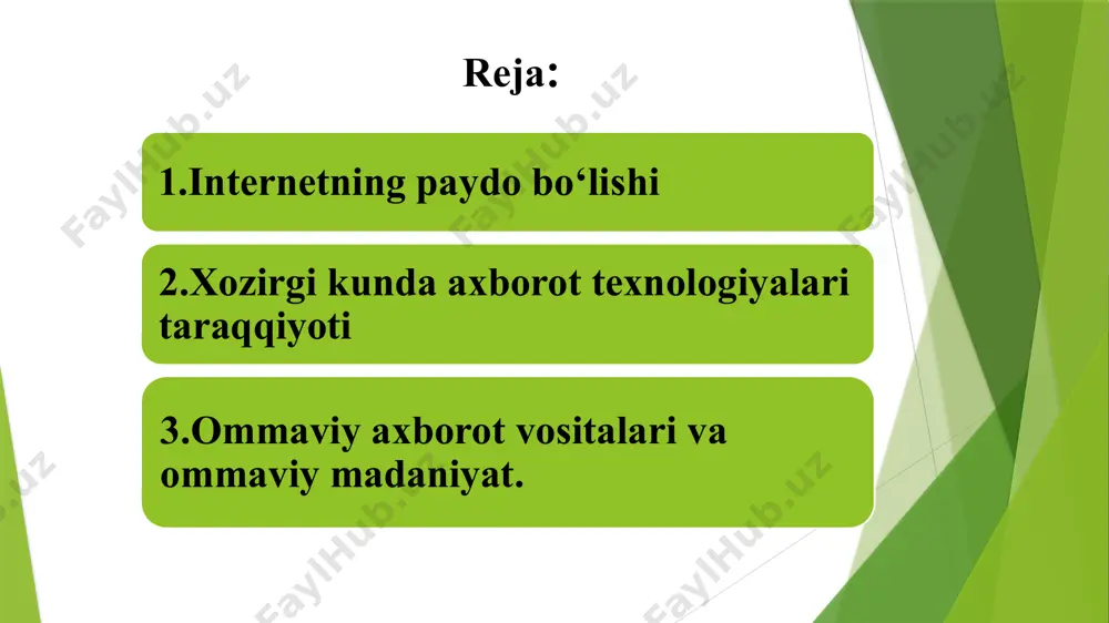 mumkin. birinchi turdagi texnologiyalar mehnatni, moddiy resurslarni, vaqtni tejaydi. ratsionallashtiruvchi axborot texnologiyalariga chiptalar buyurtma qilish, mexmonxona xisob-kitoblari tizimlari misol bo‘ladi. axborot texnologiyasining rivojlanish tarixi axborot texnologiyasining vujudga kelishi va rivojlanishini belgilovchi ichki va tashqi omillar mavjud bo’lib, ular quyidagilar: ichki omillar. tashqi omlilar. ichki omillar- bu axborotni poydo bo’lish turlari, xosalari, axborot lar bilan turli amallarni bajarish, uni jamlash uzatish, saqlash va h.k. tashqi omillar – bu axborot texnologiyasining texnika – uskunaviy vositalari orqali axborot bilan turli vazifalarni amalga oshirishni bildiradi. axborot texnologiyalari jamiyat axborot resurslaridan oqilona foydalanishning eng muhim omillaridan biri bo’lib, hozirgi vaqtga qadar bir necha bosqichlarni bosib o’tdi. 1 – bosqich. xix asrning 2 – yarmigacha davom yetgan. bu bosqichda «qo’llik» axborot texnologiyalari taraqqiy yetgan. uning vositasi pero,siyoxdon, kitob. kommunikatsiya ya’ni aloqa odamdan – odamga yoki pochta orqali xat vositasida amalga oshirilgan. 2 - bosqich. xix asirning oxiri, unda «mexanik» texnologiya rivoj topgan. uning asosiy vositasi yozuv …
