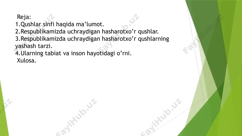 qib ,oziq izlaydi.o’rmon xo’jaligida hasharot va lichinkalarni yeb foyda ,daraxt tanasini teshib zarar keltiradi. uzunqanotlar ,ya’ni jarqaldirg’ochlar kenja turkumi. ular tashqi ko’rinishi jihatdan qaldirg’ochlarga o’xshaydi.jarqaldirg’ochlarning oyoqlari kalta ,4ta barmoqlarning hammasi oldinga qaraganligi uchun yerda yurolmaydi,yerdan havoga ko’tarila olmaydi.tumshug’i kalta og’iz kesigi juda keng. jarqaldirg’ochlar iliq havo oqimida muvozanatni saqlab ,energiyani tejaydi va yuqori balandlikdanpastga uchishni rejalashtirayotgan vaqtda mizg’ib oladi. chumchuqsimonlar turkumi. chumchuqsimonlarning ko’pgina vakillari hasharotxo’r qushlar hisoblanadi.xususan chittaklar oilasining 5 ta turi o’zbekistonda uchraydi.oyoqlari baquvvat ,tirnoqlari ichiga qayrilgan.tomog’i va boshi qora ,ko’krak qismi qora yo’lli sariq,tanasining orqasi ,qorni va yon tomonlari sarg’ish –ko’kimtir rangda .chittaklar hasharotlar bilan oziqlanib ,qishloq xo’jaligiga katta foyda keltiradi. tentakqushlar. 5 ta oilasi mavjud.tentakqushlar turkumining vazni 60gr dan 600 gr gacha .tunda faol hayot kechiradi.qanoti va dumi uzun,patlari yumshoq,kulrang yoki qo’ng’ir tusda .tumshug’i keng va qisqa,ko’zi katta ,oyoqlari kalta.yapaloqqushlar kabi ovozsiz uchish xususiyatiga ega.yerda sekin harakatlanadi.o’ljasini uchib borayotganda tutadi.uya qurmaydi,to’planib turgan xas-cho’plar yoki yerga qo’yadi.asosan tropic …