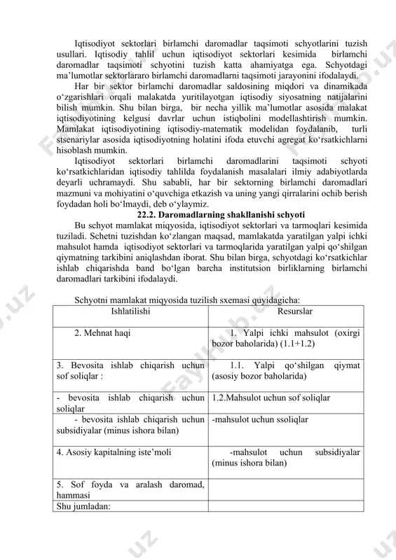 angan mamlakatlarda esa, yamd yaimga nisbatan ko‘proq bo‘lishi mumkin. chunki, rivojlangan mamlakatlar rivojlanayotgan mamlakatlarga moliyaviy aktivlar kiritib, shu mamlakatning yaimni yaratishda qatnashadilar va birlamchi daromadlar oladilar. bu daromadlar norezident mamlakatning chet eldan olgan sof daromadini ko‘paytiradi. natijada, norezident mamlakatning yamd ko‘rsatkichi yalpi ichki mahsulotga nisbatan kattaroq bo‘ladi. iqtisodiyot sektorlari birlamchi daromadlar taqsimoti schyotlarini tuzish usullari. iqtisodiy tahlil uchun iqtisodiyot sektorlari kesimida birlamchi daromadlar taqsimoti schyotini tuzish katta ahamiyatga ega. schyotdagi ma’lumotlar sektorlararo birlamchi daromadlarni taqsimoti jarayonini ifodalaydi. har bir sektor birlamchi daromadlar saldosining miqdori va dinamikada o‘zgarishlari orqali malakatda yuritilayotgan iqtisodiy siyosatning natijalarini bilish mumkin. shu bilan birga, bir necha yillik ma’lumotlar asosida malakat iqtisodiyotining kelgusi davrlar uchun istiqbolini modellashtirish mumkin. mamlakat iqtisodiyotining iqtisodiy-matematik modelidan foydalanib, turli stsenariylar asosida iqtisodiyotning holatini ifoda etuvchi agregat ko‘rsatkichlarni hisoblash mumkin. iqtisodiyot sektorlari birlamchi daromadlarini taqsimoti schyoti ko‘rsatkichlaridan iqtisodiy tahlilda foydalanish masalalari ilmiy adabiyotlarda deyarli uchramaydi. shu sababli, har bir sektorning birlamchi daromadlari mazmuni …