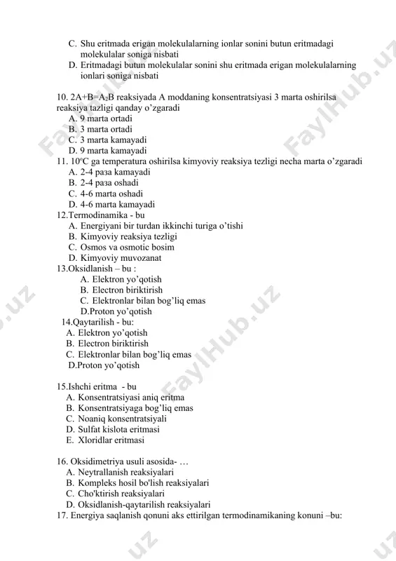ish b. electron biriktirish c. elektronlar bilan bog’liq emas d.proton yo’qotish 15.ishchi eritma - bu a. konsentratsiyasi aniq eritma b. konsentratsiyaga bog’liq emas c. noaniq konsentratsiyali d. sulfat kislota eritmasi e. xloridlar eritmasi 16. oksidimetriya usuli asosida- … a. neytrallanish reaksiyalari b. kompleks hosil bo'lish reaksiyalari c. cho'ktirish reaksiyalari d. oksidlanish-qaytarilish reaksiyalari 17. energiya saqlanish qonuni aks ettirilgan termodinamikaning konuni –bu: a. gess qonuni b. i-chi qonun c. ii-chi qonun d. iii-chi qonun 18.qonga izotonik bо‘la oladigan eritma: a. nacl 5% b. nacl 0.9% c. kcl 5% d. glyukoza 25% 19.bufer sig‘imi uning quyidagi xajmi uchun hisoblanadi: a. 10 litr b. 15 litr c. 1 litr d. 5 litr 20. qon bufer sig‘mining asosiy qismi tо‘0ri keladigan bufer sistema - bu: a. fosfatli b. ammiakli c. gidrokarbonatli d. atsetatli 21.xujayra ichida ta’sir kо‘rsatadigan bufer sistema asosan - bu: a. fosfatli b. ammiakli c. gidrokarbonatli d. atsetatli 22.permanganatometriya usulida ishchi eritmaning …