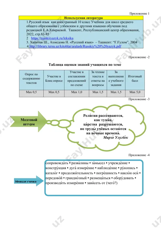ица оценки знаний учащихся по теме опрос по содержанию текстов участие в блиц опросе участие в составлении предложений по схеме за чтение текста и ответы на вопросы за выполнение учебного задания итоговый балл мах 0,5 мах 0,5 мах 1,0 мах 1,5 мах 1,5 мах 5,0 приложение -3 ( рели́гии рассе́иваются, как тума́н, ца́рства разруша́ются, но труды́ учёных остаю́тся на ве́чные времена́. мирзо́ улугбе́к ) ( мозговой штурм ) приложение -4 ( сопровожда́ть • разва́лины • за́мысел • учрежде́ние • констру́кция • дуга́ измере́ние • наблюде́ние • ру́копись • катало́г • продолжи́тельность • погре́шность • накло́н оси́ • передово́й • грандио́зный • размеща́ться • обору́довать • производи́ть измере́ния • зави́сеть от (чего́?) ) ( новые слова ) приложение -5 мирзо улугбек восьмиле́тний улугбе́к, сопровожда́я ами́ра тему́ра в вое́нном похо́де, уви́дел разва́лины знамени́той мараги́нской обсервато́рии. нау́чное учрежде́ние размеща́лось в не́скольких зда́ниях и бы́ло обору́довано для наблюде́ния за не́бом инструме́нтами но́вой констру́кции. здесь …