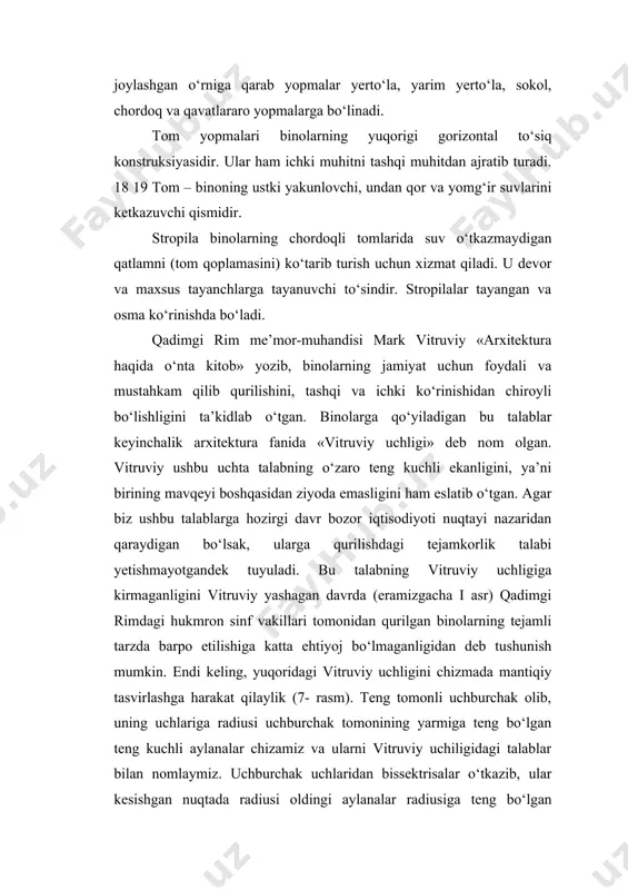 iz va ularni vitruviy uchiligidagi talablar bilan nomlaymiz. uchburchak uchlaridan bissektrisalar o‘tkazib, ular kesishgan nuqtada radiusi oldingi aylanalar radiusiga teng bo‘lgan to‘rtinchi aylanani chizamiz va uni «tejamkorlik» deb nomlaymiz. shunday qilib, biz vitruviyning dunyoga tanilgan uchligiga zamonaviy hayot talablaridan kelib chiqib to‘rtinchi teng kuchli talabni, ya’ni har qanday binoning qurilishi tejamli bo‘lishi za​rurligi talabini kiritdik va uni mantiqiy chizmada aks ettirishga muvaffaq bo‘ldik. nazorat savollari: 1. bino konstruksiyasi deganda nimani tushunasiz? 2. qurilish materiallari xaqida malumot bering? 3. binoning konsturktiv tarkibiy qismini sanab bering? uyga vazifa:zamonaviy binolarni qurishda ishlatilayotgan qurilish materiallari xaqida malumotlar yig’ish. foydalanilgan adabiyotlar: 1. a. s. uralov t. f. kushmanov “binolar tipologiyasi” o’quv qo’llanma. 2. n.j. to‘ychiyev “bino va inshootlar konstruksiyasi”darslik. 3. “bino va inshootlar tipologiyasi” fanidan ma’ruzalar matni. 4. и.а.синянский н.и.манешина “типология зданий” учебник. internet saytlar: ziyonet.uz arxitektura.uz arxiv.uz binolar.uz -ilova o`quv mashg`ulotida o`quv ishlarni baholash mezoni va ko`rsatkichlari savollarga javob beradi va misol keltiradi 5 …