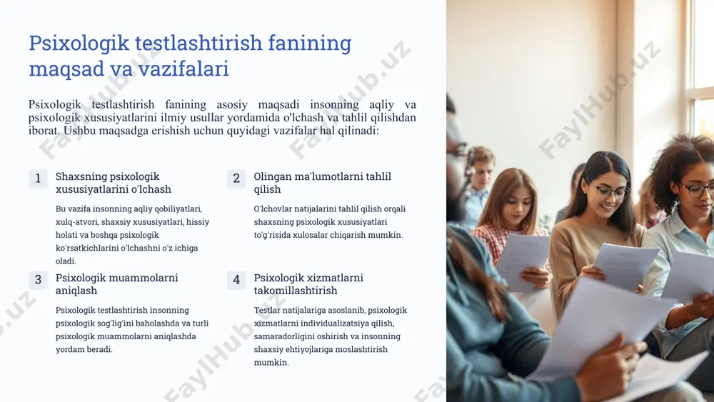 lan belgilanadi: insonni tushunish psixologik testlashtirish insonning aqliy va psixologik xususiyatlarini chuqurroq tushunishga yordam beradi. ta'lim testlar yordamida o'quvchilarning aqliy rivojlanish darajasini, o'qish qobiliyatini va shaxsiy xususiyatlarini aniqlash mumkin. mehnat testlar xodimlarni tanlash, malakalarini baholash va ularning ish faoliyatini oshirishda qo'llaniladi. sog'liqni saqlash psixologik testlar turli ruhiy kasalliklarni aniqlash va ularni davolashda muhim rol o'ynaydi. 7 psixologik testlashtirish fanining qo'llanish sohasi psixologik testlashtirish fanining qo'llanilish sohasi juda keng. u quyidagi sohalarda keng qo'llaniladi: ta'lim o'quvchilarning aqliy rivojlanish darajasini, o'qish qobiliyatini va shaxsiy xususiyatlarini aniqlash. mehnat xodimlarni tanlash, malakalarini baholash va ularning ish faoliyatini oshirish. sog'liqni saqlash turli ruhiy kasalliklarni aniqlash va ularni davolash. huquq jinoyatchilarning xatti-harakatlarini tahlil qilish va jinoyatchilikning sabablarini o'rganish. marketing iste'molchilarning xulq-atvorini o'rganish va ularga mos mahsulotlarni ishlab chiqarish. 8 psixologik testlashtirish fanining etika va standartlari psixologik testlashtirish inson hayoti va jamiyatning turli sohalarida keng qo'llaniladigan bo'lgani uchun, bu sohaning etika va standartlariga rioya qilish juda muhimdir. …