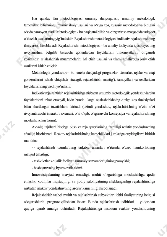 htirishga nisbatan inaktiv yondashuvning asosiy kamchiligi hisoblanadi. rejalashtirish tashqi muhit va rejalashtirish subyektlari ichki faoliyatining kelgusi o‘zgarishlarini prognoz qilishdan iboart. bunda rejalashtirish tadbirlari ―yuqoridan quyiga qarab amalga oshiriladi. rejalashtirishga nisbatan reaktiv yondashuvning kamchiligi - to‘plangan tajribadan to‘liq foydalanmaslik, kelajakni tadqiq etish usullaridan foydalanishga haddan ziyod kirishib ketish. rejalashtirish metodologiyasi ko‘ngildagi kelajakni ―loyihalashtirishga va uni tuzish yo‘llarini o‘zgartirishga asoslangan. shu munosabat bilan rejalashtirishga nisbatan ―moslashtiruvchi yoki ―vaziyatli yondashuv keng tarqaldi. ushbu metodologik yondashuv ichki va tashqi sharoitlarning o‘zgarishini hisobga oluvchi va erishilgan samaradorlik darajasining pasayishiga yo‘l qo‘ymaydigan barqaror qarorlarni qabul qilish imkonini beradi. atrof muhitdagi barcha o‘zgarishlarni hisobga oluvchi va ulardan foydalanuvchi rivojlanishning optimal rejasini tuzish uchun ―optimallashtiruvchi yondashuv qo‘llaniladi. rejalashtirishga nisbatan say-harakatlarni kamaytirishga emas, balki optimal qarorlarni qidirib topishga yo‘naltirilgan optimallashtiruvchi yondashuv metodologiyasi preaktiv yondashuvga mos keluvchi yo‘nalishlarga ega. metodologik yondashuvlardan foydalanish indikativ rejalashtirishni rejalashtirish xillarining umumiy qiyosiy sxemasiga va rejalashtirish tizimlarining tasnifiy (klassifikatsion) tuzilishiga kiritish imkonini beradi. maqsadlar - …