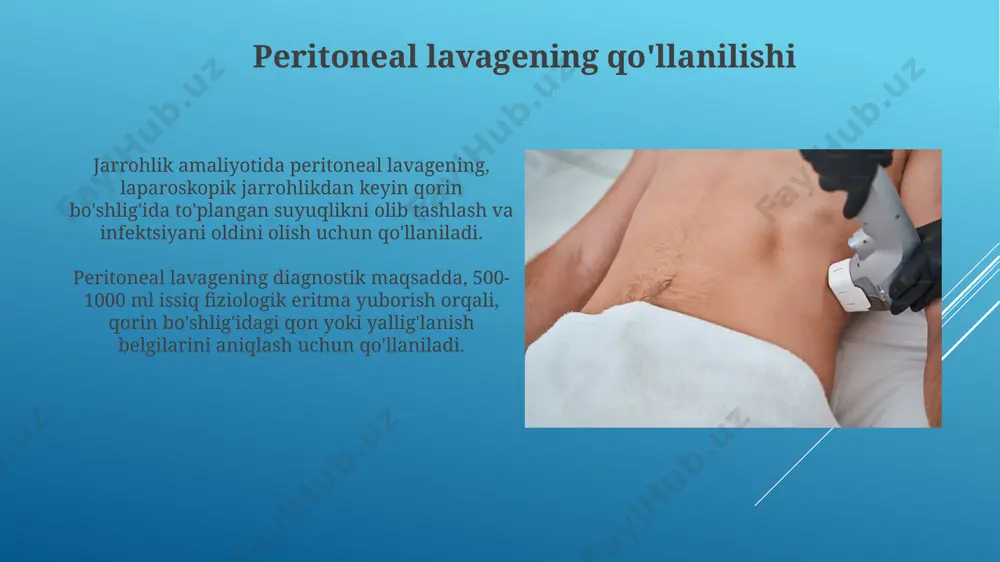 fini 30% ga kamaytiradi va qon yo'qotishni sezilarli darajada minimallashtiradi, bemorlarning umumiy ahvolini yaxshilaydi. drenaj tizimlarini tanlash mezonlari katta hajmdagi drenajlar (28-40 fr) ko'pincha yuqori darajadagi ifloslanish yoki qon ketishi bo'lgan hollarda qo'llaniladi, kichik hajmdagi drenajlar (10-16 fr) esa past darajadagi ifloslanish uchun afzalroqdir. drenaj tizimining turi (aktiv yoki passiv), joylashishi va materialiga qarab, antibiotiklar yoki boshqa davolovchi moddalarni to'g'ridan-to'g'ri drenaj orqali yuborish imkoniyati ham muhim tanlash mezonidir. adabiyotlar 2023-yilgi nashrlarda laparoskopik jarrohlik yordamida peritonitni davolashda drenajning samaradorligi bo'yicha 70 dan ortiq ilmiy maqola tahlil qilingan. o'tgan 10 yil ichida minimal invaziv jarrohlik amaliyotlari soni 3 baravar oshgan, bu esa peritonitni davolashda yangi usullarni qo'llashga olib keldi. bemorlarni reabilitatsiya qilish postoperatsion davrda fizioterapiya, shu jumladan nafas olish mashqlari va erta mobilizatsiya, bemorlarning 90%ida 2 hafta ichida to'liq tiklanishiga yordam beradi. bemorlarning 70-80%ida minimal invaziv jarrohlikdan keyin 3-5 kun ichida og'riq sezilarli darajada kamayadi va ular erta reabilitatsiya dasturlariga jalb qilinishi …