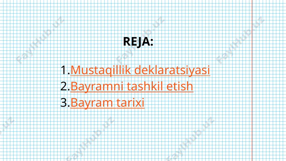 1-avgustda toshkent shahrida boʻlib oʻtgan oʻzbekiston sssr oliy kengashining navbatdan tashqari sessiyasida „oʻzbekiston respublikasining davlat mustaqilligini eʼlon qilish toʻgʻrisida“gi qaror va „oʻzbekiston respublikasi davlat mustaqilligining asoslari“ toʻgʻrisida qonun qabul qilindi[1]. qaror bilan oʻzbekiston sssr nomi ham oʻzbekiston respublikasi deb oʻzgartirildi[2].. mustaqillik deklaratsiyasi 1991-yilning 31-avgustidayoq 1-sentabr oʻzbekistonning mustaqillik kuni deb belgilab qoʻyildi. bundan tashqari, 5-sentabrda prezident i.a.karimovning farmoni bilan oʻzbekiston poytaxtining avvallari vladimir lenin nomi bilan atalgan markaziy maydoni mustaqillik maydoniga oʻzgartirildi[2]. 1992-yil 3-iyulda „oʻzbekiston respublikasida bayramlar toʻgʻrisida“gi 669-xii-sonli davlat qonuni qabul qilindi, unda bayram nishonlanadigan kunlar, jumladan, mustaqillik kuni ham belgilandi. qonun asosida oʻsha paytda amalda boʻlgan mehnat kodeksiga oʻzgartirishlar kiritildi[3]. bayramni tashkil etish 1992 1992-yilda birinchi marta mustaqillik bayrami nishonlandi. ushbu voqea munosabati bilan 5 kun davom etgan va respublikamizning barcha viloyatlaridan vakillarni jamlagan oʻzbekiston mehnatkashlarining birinchi sport musobaqasi boʻlib oʻtdi[4]. 1992-yil 31-avgustda toshkent „nodira begim“ kinoteatrida yangi davlatning birinchi yili, unda sodir boʻlgan oʻzgarishlar haqida hikoya qiluvchi „istiqlol“ …