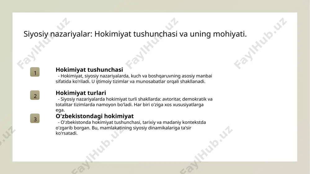 gsizlik va adolatsizlikka olib kelishi mumkin. o‘zbekiston siyosiy tizimidagi hokimiyatning tarixi va o‘zgarishlari. o‘zbekiston tarixida hokimiyat o‘zbekiston hududida hokimiyat tarixi miloddan avvalgi davrlarga borib taqaladi. buxoro, xiva va qo‘qon xonliklari o‘z hokimiyatlarini davom ettirgan. sovet davri va hokimiyat 20-asrning boshlarida o‘zbekiston sovet ittifoqi tarkibiga kirdi. bu davrda markaziy hokimiyat kuchayib, mahalliy boshqaruvni chekladi. mustaqillik va o‘zgarishlar 1991-yilda o‘zbekiston mustaqil bo‘lgach, yangi siyosiy tizim va hukumat tuzilmalari yaratildi, bu esa hokimiyatning dolzarbligini oshirdi. o‘zbekistonning hozirgi hokimiyat tuzilmasi va uning ijtimoiy ta'siri. 1 o'zbekiston hokimiyati o'zbekistonning hozirgi hokimiyati prezidentlik tizimiga asoslangan bo'lib, unda davlat va ijro hokimiyati kuchli markazlashgan. 2 ijtimoiy ta'sir hokimiyat tuzilmasi ijtimoiy qatlamlarga ta'sir qiladi, bu esa fuqarolar o'rtasida tengsizlik va ijtimoiy adolat masalalarini keltirib chiqarishi mumkin. 3 o'zgarishlar jarayoni o'zbekistonning hokimiyat tuzilmasi so'nggi yillarda o'zgarishlarga duchor bo'ldi, bu esa ijtimoiy va iqtisodiy rivojlanishga yangi imkoniyatlar yaratmoqda. o‘zbekiston kontekstida hokimiyat va fuqarolik jamiyati o'rtasidagi munosabatlar. 1 hokimiyat va fuqarolar …