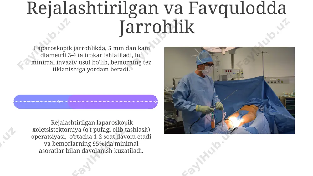 xavfi mavjud bo'lib, bu juda kam uchraydigan, ammo hayot uchun xavfli asorat hisoblanadi. turli laparoskopik jarrohlik turlari laparoskopik appendektomiya (appenditsitni olib tashlash) an'anaviy jarrohlikka nisbatan kamroq og'riq, kichik chandiq va tezroq tiklanish bilan tavsiflanadi, operatsiyadan keyingi asoratlar xavfi esa sezilarli darajada kamayadi. laparoskopik gastroektomiya (oshqozonni olib tashlash) kabi murakkab operatsiyalar ham endoskopik usullar yordamida amalga oshirilishi mumkin, bu esa katta kesmalarga nisbatan kichikroq chandiqlar va minimal invazivlikni ta'minlaydi, jarrohlik vaqti esa 3-4 soatni tashkil etadi. laparoskopik jarrohlik: kirish laparoskopik jarrohlikning afzalliklari orasida og'riqning kamayishi, chandiq izlarining minimalligi va kasalxonada qolish muddatining qisqarishi (odatda 2-3 kun) kiradi. laparoskopik jarrohlik minimal invaziv boʻlib, odatda 0,5-1,5 sm li 3-4 ta kichik teshik orqali amalga oshiriladi, bu esa bemorning tezroq tuzalishini taʼminlaydi. e'tiboringiz uchun rahmat @taqdimot_robot image4.jpg image5.jpg image6.jpg image7.jpg image8.jpg image9.jpg image10.jpg image11.jpg image12.jpg image13.jpg image14.jpg image15.jpg image16.jpg image17.jpg image18.jpg image19.jpg image20.jpg image1.jpeg image2.jpeg image3.jpeg