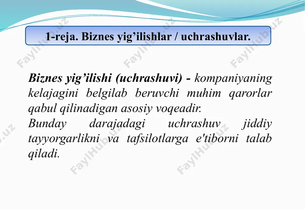 tish. 16 ishbilarmonlik etikasini buzish oqibatlari. 1 2 3 obro'ning yo'qolishi- mijozlarning ishonchini yo'qotish - huquqiy oqibatlar - biznes etikasining buzilishi kompaniya obro'siga salbiy ta'sir ko'rsatishi mumkin. ishonchsiz amaliyotlar mijozlarning ishonchini yo'qotishiga olib kelishi mumkin. etika qoidalarini buzish huquqiy muammolar va jarimaga olib kelishi mumkin. biznes odob-axloq qoidalari quyidagilarga tegishli: 2 biznes tushlik/kechki ovqat 1 tanishtirish 3 xorijiy mijozlar bilan o'zaro munosabatlar 4 biznesdan- biznesga odobi biznes odob-axloq qoidalari 18 tanishtiruv - biznes uchrashuvlardagi birinchi ta`surot munosabatlarini rivojlantirishda muhim rol o'ynaydi. o`zini o`zi tanishtirish qo'l siqib ko`rishish va og'zaki bo'lmagan imo-ishoralar stol odobi boshqalar bilan tanishtirish biznes tushlik/kechki ovqat xorijiy mijozlar bilan o'zaro munosabatlar 19 biznes tushlik va kechki ovqatlarda etiket qoidalari. ho`randani chap tomonidan o`ng tomoniga qarab joylashtiriladigan anjomlar. 1. yog` pichog`i non va sariyog ' likopchasida. 2. dessert uchun qoshiq dessert uchun sanchg`ich bilan birga . 3. suv, qizil sharob yoki oq sharob uchun stakan . 4. kofe …