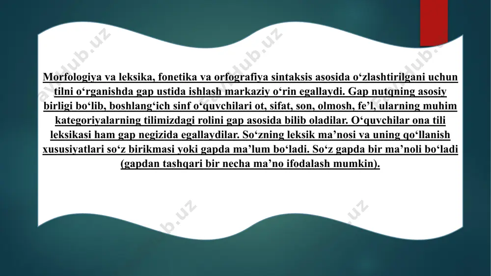 ng qaysi bo‘lagi bo‘ladi? (ikkinchi darajali bo‘lak). u gapning qaysi bo‘lagiga bog‘lanadi? (tobelanadi?) (kesimga bog‘lanadi) qachon gullaydi? (aprelda gullaydi) gapga egani izohlaydigan yana bitta so‘z qo‘ying. qanday gap hosil bo‘ldi? (mevali daraxtlar apreldv gullaydi. 2. so‘zlar aralash berilgan gapni qayta tiklash. avval gapning asoslari (ega va kesim) tiklandi (aniqlanadi), so‘ng so‘roqdar yordamida ikkinchi darajali bo‘laklar (so‘z birikmalari) “topiladi”, tiklanadi. masalan, mashinada terimchi, teradi, paxtani. -gap kim haqida aytilgan? (terimchi haqida, kim? terimchi) u haqda nima deyilgan? (teradi. terimchi teradi-bosh bo‘laklar). -so‘roqlar yordamida so‘z birikmasini toping. nimani teradi?(paxtani teradi) nimada teradi? (mashinada teradi). keyin gapda so‘zlarning qo‘lay tartibi aniqlanadi. (terimchi paxtani mashinada teradi). gap ohangi ustida ishlanadi. 3. u zluksiz (tinish belgilarisiz) matndan gaplarni ajratish. mashqning bu turi ongli bo‘lishi uchun har bir gapning bosh bo‘laklarini va so‘z birikmalarini ajratish lozim. 4.gapni tahlil qilish va sxemani tuzish. gap tahlil qilinayotganda dastlab uning asosi ajratiladi, keyin egani izohlovchi ikkinchi darajali bo‘lak, kesimni …