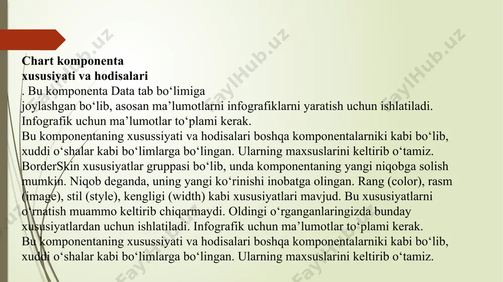 shimi mumkin. bunda maxsus muloqot oynasi aosida palitraga turli ranglarni qo‘shish mumkin. 4. annotations – bunda komponentaga izohlarni yozish mumkin. buning o‘zining xususiyatlari maxsus muloqot oynasi yordamida o‘rnatiladi. 5. chartareas – bu xususiyat orqali komponentaga bir nechata chart infografika joylashtirish mumkin. buning ham o‘zi mos xususiyatlarini mos muloqot oynasi bilan o‘rnatish lozim. 6. legends – infografikaga keltirilgan qiymatlarining joylashish maydoni. buni ham maxsus muloqot oynasi asosida tahrir qilish mumkin 7. series – bu xususiyat asosiy bo‘lib, infografikaning qiymatlarini belgilovchi, har bir qiymat tegishliligini bildiradi. buning uchun maxsus mulovot oynasi mavjud. bunga to‘liqroq to‘xtalib o‘tamiz. 8. chartareas – bu xususiyat orqali komponentaga bir nechata chart infografika joylashtirish mumkin. buning ham o‘zi mos xususiyatlarini mos muloqot oynasi bilan o‘rnatish lozim. matematik funksiyalarni grafiklarini chizish uchun avval shu funksiyalarni bir sinfga yaratib olamiz. private value class myfunction { private: double _value; public: double getvaluepow(double x) { return math::pow(x, 2); } double getvaluex4(double x){ …