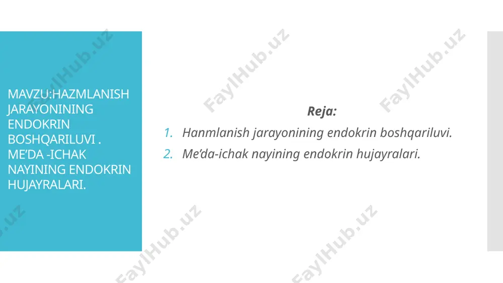 oʻrinda turadi. qorin boʻshligʻida, meʼda orqasida, oʻn ikki barmoq ichakka yaqin (qarang ichak), bel umurtqalarining qarshisida koʻndalang joylashgan. uzunligi 12—18 sm, vazni 70—80 g atrofida, bezning biriktiruvchi toʻqimadan iborat kapsulasi juda nozik. bez hujayralari meʼda shirasiyai ajratadi. meʼda osti bezining chiqaruv yoʻllari yiriklashib va bir-biriga qoʻshilib borib, bosh chiqaruv yoʻliga quyiladi, bu yoʻl bez boʻylab borib, umumiy oʻt yoʻli bilan birga oʻn ikki barmoq ichakka ochiladi. meʼda osti bezi b. kasalliklaridan pankreatit, oʻsma hosil boʻlishi, insulin ishlab chiqarilishi buzilganda qandli diabet kuzatiladi. oshqozon osti bezi koʻp funksiyalarga ega boʻlib, ular langergans orollaridagi endokrin hujayralar va ekzokrin hujayralar tomonidan boshqariladi. me'da osti bezida endokrin va ekzokrin hujayralar mavjud. ekzokrin to‘qima$i to‘rt xil hujayradan tashkil topgan. birinchi xili lipolitik, glikolitik, proteolitik fermentiarni va zimogenlami (profermentlarni) ishlab chiqaruvchi atsinar hujayralardir. me’da osti bezining endokrin qismi. klyukogon ishlovchi a-hujayralar insilun ishlovchi somosterin ishlovchi d-hujayralar qon tomirlar bezning egzogen qismi. 7 me’da osti bezining endokrin …