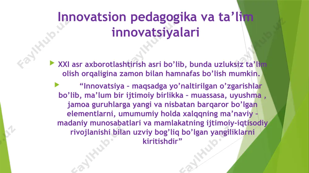 a baholashga tayyorliklari aks etadi. 3. yangilikdan foydalanish va uni joriy etish bloke (unda yangilikni amaliyotga tadbiq etish va ulardan samarali foydalanish hodisasi ro’y beradi). innovatsiya (yangilanish) lug’aviy jihatdan “innovatsiya” tushunchasi ingliz tilidan tarjima qilinganda (innovation) “yangilik kiritish” degan ma’noni anglatadi. “innovatsiya tushunchasi mazmunan aniq holatni ifodalaydi. innovatsiya –muaayyan tizimning ichki tuzilishini o’zgartirishga qaratilgan faoliyat hisoblanadi. ta’lim innovatsiyalari ta’lim innovatsiyalari – ta’lim sohasi yoki o’quv jarayonida mavjud muammoni yangicha yondashuv asosida yechish maqsadida qo’llanilib, avvalgidan ancha samarali natijani kafolatlay oladigan shakl, metod va texnologiylardir. “innovatsion ta’lim” tushunchasini birinchi bor 1979-yilda “rim klubida qo’llangan. innovatsion ta’lim jaroyonida qo’llanadigan texnologiyalar innovatsion ta’lim texnologiyalari yoki ta’lim ta’lim innovatsiyalari deb nomlanadi. innovatsiyalarning asosiy ko’rinishlari: - yangi g’oyalar - tizim yoki faoliyat yo’nalishini o’zgartirishga qaratilgan maqsadlar - noan’anaviy yondashuvlar - odatiy bo’lmagan tashabbuslar - ilg’or ish uslublari agar faoliyat qisqa muddatli, yaxlit tizim xususiyatiga ega bo’lib, faqatgina tizimdagi ayrim elementlarni o’zgartirishga xizmat qilsa u novatsiya …