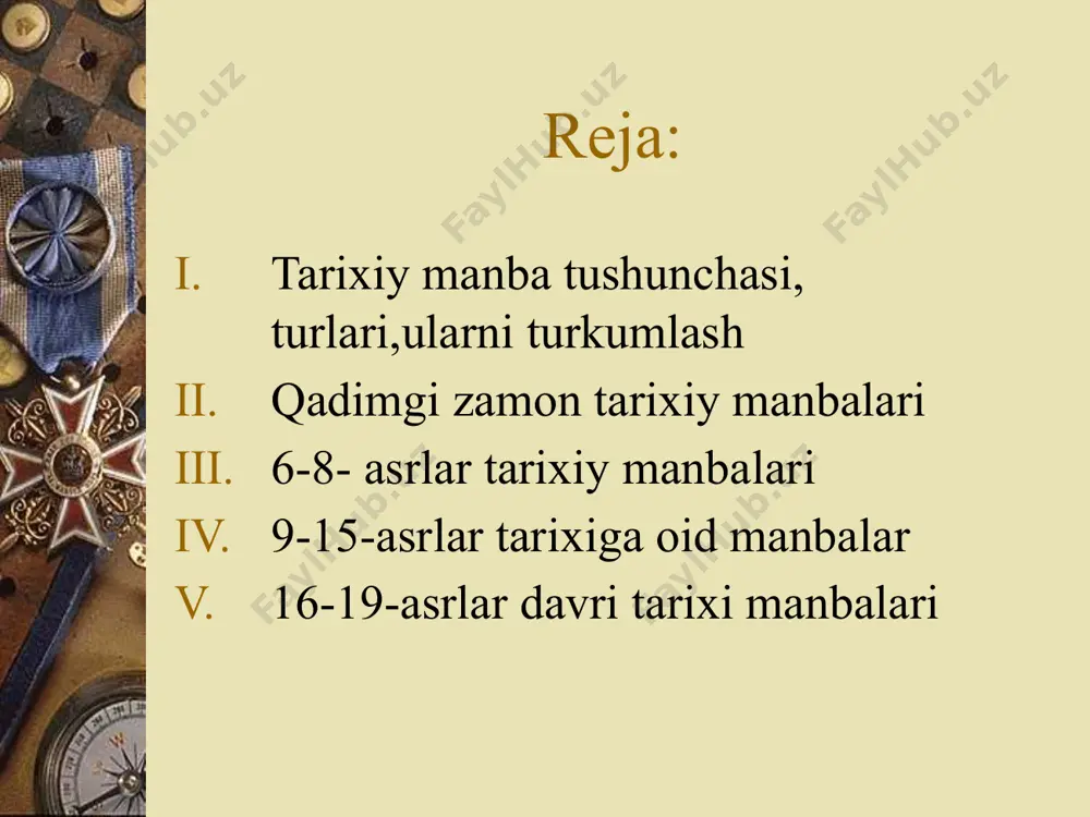 artaksereks 1 (m.a.465-424y)hamda doro 2 (m.a.424-404y)larning maqbaralarini hamda ularga kiraverishda o’yib yozilgan katibalar bor.bu yozuv tarixda naqshi rustam deb ataladi. образец текста второй уровень третий уровень четвертый уровень пятый уровень behistun yozuvi yodgorliklar orasida eng muximlaridan biri mashxur behistun yozuvidir.bu yozuvlar (uzunligi 22m,umumiy balandligi 7,8 m)shimoliy eronda,kirmonshoxdan 30 km masofada,dara bo’ylab o’tgan qadimgi karvon yo’li yoqasida,uning chap tarafida,zagros nomli tik qoyaga 9taxminan 105 metrbalandlikda)doro 1 ning amri bilan yozdirilgan g’alaba yodgorligidir. “avesto”eng qadimgi tarixiy manba zoroastrizm dining (m.a.6-milodning 6-asri)dining muqaddas kitobi.bir gurux olimlar “avesto’ midiyada yozilgan desalar,ko’pchilik amudaryo bo’yida joylashgan viloyatlarda,balx bilan xorazm oralig’ida yaratilgan, deb hisoblaydilar. avesto 4 qismdan : (yasna,yashtov,vispa-rad,vendidad)iborat. uning kopengagenda saqlanayotgan yagona nusxasi asosida tayyorlangan fotomatni 1937-1944-yillari oltin jild qilib nashr qilingan “xvaday namak”qad eronning 627-yilgacha bo’lgan ijtimoiy-siyosiy hayotidan baxs etuvchi tarixiy asar bo’lib,paxlaviy tilida yozilgan.sar ayniqsa axamoniylar,ashkoniylar va sosoniylar tarixi bo’yicha muxim manbalardandir. “matakdani hazar datastan”(“bir ming nafar huquqiy ajrim”)paxlaviy tilida yozilgan(8-asr).asarda eronning sosoniylar davridagi …
