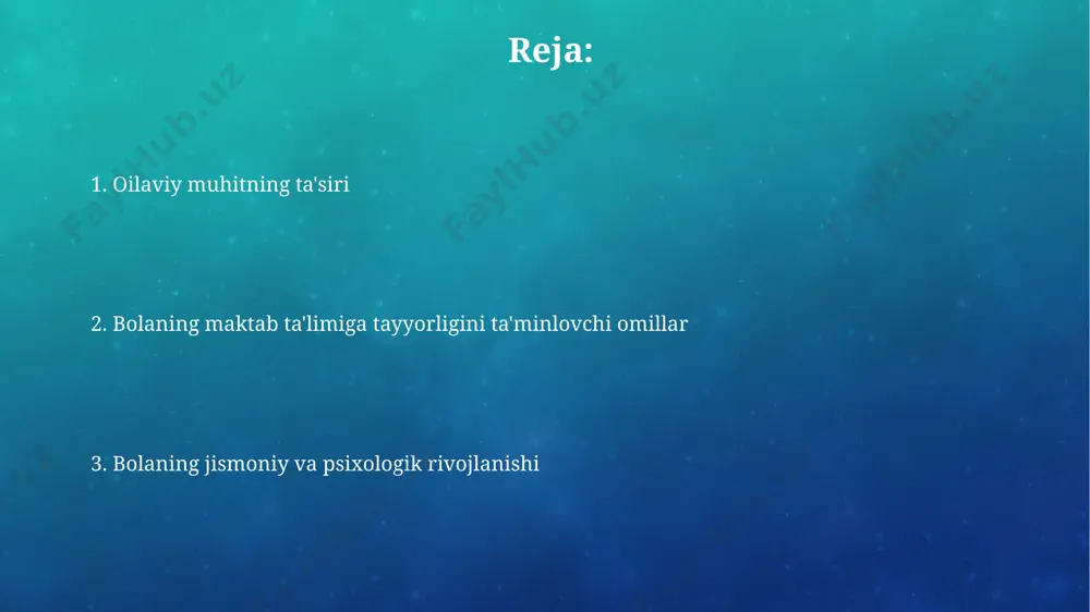 ar ko'rsatdi. oilaviy muhitning ta'siri oiladagi 3 yoshdan kichik 2 ta bola mavjudligi, ayniqsa, qishloq joylarida, katta bolaning maktabga tayyorgarligiga to'sqinlik qiluvchi omil bo'lib, ota-onalarning e'tibori va vaqtini taqsimlash muammosini keltirib chiqaradi. oilaviy muhitning iqtisodiy jihatlari, masalan, oilaning yillik daromadi 20 000 aqsh dollaridan kam bo'lishi, toshkent kabi yirik shaharlarda bolaning maktabga tayyorgarligiga salbiy ta'sir ko'rsatishi mumkin, chunki ta'lim resurslariga kirish cheklangan. bolaning sog'lig'i bolalarning sog'lom ovqatlanishi, masalan, kuniga 5 meva va sabzavot iste'mol qilish, 7 yoshgacha bo'lgan bolalarning samarqand viloyatida o'tkazilgan tadqiqotlarga ko'ra, maktabga tayyorgarlik darajasiga ijobiy ta'sir ko'rsatadi. jismoniy faollikning yetishmasligi, xususan, kuniga kamida 1 soat sport bilan shug'ullanmaslik, toshkent shahridagi 1000 nafar bolaning kuzatuviga ko'ra, maktabga moslashish qiyinchiliklariga olib kelishi mumkin. o'qituvchining roli bolalarning maktabga tayyorligini baholashda o'qituvchilarning ob'ektivligi va 3 yoshdan 7 yoshgacha bo'lgan bolalarning individual xususiyatlarini hisobga olish qobiliyati, toshkent shahridagi eksperimental guruhlarning natijalariga ko'ra, muhim rol o'ynaydi. o'qituvchilarning 5 yoshgacha bo'lgan bolalar bilan ishlash …