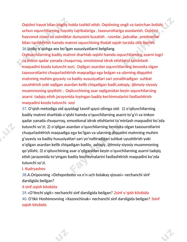 sional idrok etishlarni taminlash maqsadini kozda tutuvchi sozi; oqilgan asardan oquvchilarning bevosita olgan taassurotlarini chuqurlashtirish maqsadiga ega bolgan va ularning diqqatini matnning muhim goyaviy va badiiy xususiyatlari sari yonaltiradigan suhbat uyushtirish yoki oqilgan asardan kelib chiqadigan badii,axloqiy, ijtimoiy-siyosiy muammoning qoyilishi ; oqituvchining asar oqilganidan keyin oquvchilarning asarni tadqiq etish jarayonida toyingan badiiy kechinmalarini faollashtirish maqsadini kozda tutuvchi sozi 37. o’qish metodiga oid quyidagi tasnif qaysi olimga oid: 1) o’qituvchilarning badiiy matnni sharhlab o’qishi hamda o’quvchilarning asarni to’g‘ri va imkon qadar yanada chuqurroq, emostional idrok etishlarini ta’minlash maqsadini ko’zda tutuvchi so’zi; 2) o’qilgan asardan o’quvchilarning bevosita olgan taassurotlarini chuqurlashtirish maqsadiga ega bo’lgan va ularning diqqatini matnning muhim g‘oyaviy va badiiy hususiyatlari sari yo’naltiradigan suhbat uyushtirish yoki o’qilgan asardan kelib chiqadigan badiiy, axloqiy, ijtimoiy-siyosiy muammoning qo’yilishi; 3) o’qituvchining asar o’qilganidan keyin o’quvchilarning asarni tadqiq etish jarayonida to’yingan badiiy kechinmalarini faollashtirish maqsadini ko’zda tutuvchi so’zi. i. kudryashov 38.a.oripovning «dehqonbobo va o’n uch bolakay …