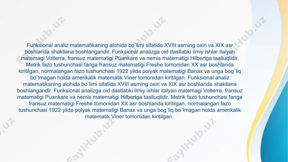 "lebeg integrali" bo`limlarini o`z ichiga oladi. ii qism esa, "normalangan fazolar", "operatorlar nazariyasi" va "integral tenglamalar" bo`limlarini o`z ichiga oladi. universitetlarning matematika mutaxassisligida ta'lim oluvchi talabalar uchun "funksional analiz" kursidan o`zbek alifbosida, birinchi marotaba akademik t.a. sarimsoqov tomonidan darslik nashr etilgan (t.a. sarimsoqov. haqiqiy o`zgaruvchining funksiyalari nazariyasi; t.a. sarimsoqov. funksional analiz kursi). oliy ta'lim tizimida ikki bosqichli tizimga (bakalavriatura va magistratura) o`tish munosabati bilan otmlari barcha fan dasturlarida jiddiy o`zgarishlar yuzaga keldi. birinchi bo`lim chiziqli fazolar nazariyasiga bag`ishlangan bo`lib, qo`llanmada chiziqli fazolar, normalangan fazolar, hilbert fazolariga oid mavzular bayon qilinadi. qo`llanmaning bu bo`limi chiziqli fazolar, chiziqli fazoning qism fazosi va faktor fazolari, normalangan chiziqli fazolar, banax fazolari, yevklid va hilbert fazolari kabi mavzularni o`z ichiga oladi. ikkinchi bo`lim chiziqli operatorlar nazariyasiga bag`ishlangan. qo`llanmaning bu bo`limida, chiziqli uzluksiz operatorlar, teskari operatorlar, qo`shma operatorlar va chiziqli operatorning spektrlariga oid mavzular bayon qilingan. har bir mavzuga oid asosiy tushunchalar ta'ri, asosiy teoremalar va …