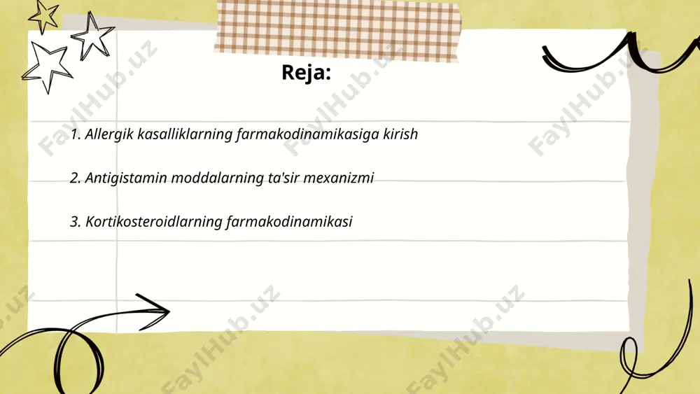 ik rinit, urtikariya va boshqalar uchun qo'llaniladi. ... t.me/slaydai_bot kortikosteroidlar gormonlar bo'lib, ularning asosiy farmakodinamikasi yallig'lanishga qarshi, immunosupressiv va antiallergik ta'sirlardan iborat. kortikosteroidlar hujayra ichidagi glukokortikoid retseptorlari bilan bog'lanib, gen ekspressiyasini o'zgartiradi, bu esa yallig'lanish mediatorlari (masalan, sitokinlar) sintezini pasaytiradi. yallig'lanishga qarshi ta'siri tufayli, ular astma, revmatizm va autoimmune kasalliklar kabi ko'plab kasalliklarda qo'llaniladi. kortikosteroidlar sitokin ishlab chiqarishni kamaytirib, t-limfotsitlarning faoliyatini susaytiradi, bu esa immunosupressiv ta'sirini ta'minlaydi. ular tizimli va mahalliy usulda qo'llanilib, ijobiy ta'sirini beradi, ammo uzoq muddatli qo'llanishi asoratlar keltirib chiqarishi mumkin. biodoriligi va ta'sirlilik vaqti preparat turiga bog'liq, masalan, prednizolon tez ta'sir ko'rsatadi, triamtsinolon esa uzoq muddatli ta'sirga ega. ... t.me/slaydai_bot 4. mast hujayralar stabilizatorlari mast hujayralar stabilizatorlari allergik reaktsiyalar va astma kabi kasalliklarda foydalaniladigan preparatlar bo'lib, mast hujayralarning mediator ajralishini oldini oladi. ushbu dorilar mast hujayralar membranasini mustahkamlab, histamin va boshqa allergik mediatorlarning chiqarilishini cheklaydi. eng ommabop mast hujayralar stabilizatorlariga kromoglikat kislotasi va nedokromil natriyi kiradi. …