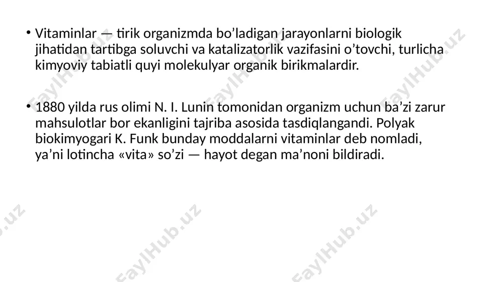 a aylanadi. karotin sabzi, turli gullar, mevalar, sut, pomidor, qon zardobi tarkibida uchraydi. а vitamin koʼpincha jigarda yigʼiladi. vitaminlarning asosiy manbasi oʼsimliklardir. vitaminlarni tabiiy manbasidan ajratib olish, kimyoviy yoki mikrobiologik sintez asosida tayyorlash mumkin. vitaminsimon moddalar - vitaminlarnikiga oʼxshash xususiyatlarga ega va hujayraviy almashinuv jarayonlarida asosiy oʼrin tutadi. farqi: ular haqiqiy vitaminlardan odatdagi ovqatlanishda tanqis miqdorda boʼlmasligi, metabolizm yoʼllarida yetarlicha sintezlanishi, organizmdagi disbalans(muvozanat buzilishi)ning belgilangan biomarkerlari va fiziologik ehtiyojlarning aniq meʼyorlari yoʼqligi bilan farq qiladi. turli sabablarga koʼra, xususan, moddalar almashinuvining intensivlashishi tufayli qoʼshimcha sintez qilish almashtirilmas nutrientlarning sarflanishiga yoki metabolik tizimlarning disbalansiga olib kelgani uchun ham organizm uchun optimal boʼlmaydi va ratsionda vitaminsimon moddalarning koʼproq tushishi talab qilinadi. vitaminsimon birikmalarga quyidagilar kiradi: xolin, betain, karnitin, lipoat kislota, q10 koenzim, inozit, orotat kislota, pangamat kislota, para-aminobenzoat kislota, s-metilmetionsulfoniy. vitaminlarning ovqat bilan birga yetarlicha tushmasligi oqibatida patologik holatlar – avitaminozlar va ozuqaviylik statusi buzilishi – gipovitaminozlar rivojlanadi. mutlaq yoki nisbiy vitamin …