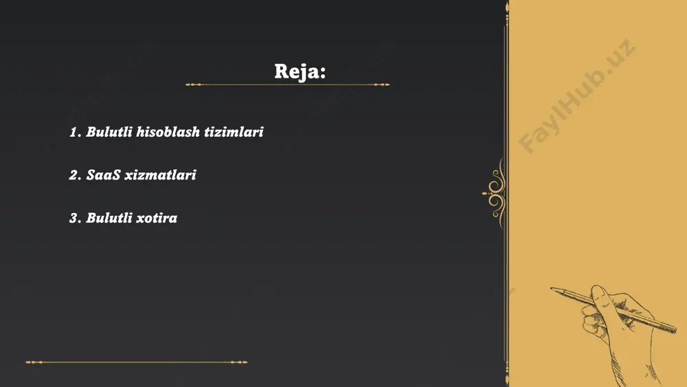 ive mashhur bulutli xotira xizmatlaridan. bulutli xotira foydalanuvchilari raqamli hujjatlar, fotosuratlar, videolar va boshqa fayllarni serverlarga yuklab, saqlashadi. bulutli xotiraning xavfsizligi va maxfiyligi muhim omil hisoblanadi. oauth 2.0 va ikki faktorli autentifikatsiya kabi texnologiyalar xavfsizlikni ta'minlashda qo'llaniladi. by 2025-yil, bulutli xotira bozorining 160 milliard aqsh dollariga yetishi taxmin qilinmoqda. ... t.me/slaydai_bot 4. bulutli xavfsizlik bulutli xavfsizlik ma'lumot texnologiyalari va infratuzilmani himoya qilishga qaratilgan. hisoblash markazlari uchun 2022 yilda global bulutli xavfsizlik bozori hajmi 40,8 milliard dollarni tashkil etdi. cybersecurity ventures 2025 yilga kelib kibermuhandislik zararini 10,5 trillion dollarga yetishi mumkinligini prognoz qilmoqda. bulutli xizmatlar foydalanuvchilarining 93% ida ma'lumotlar xavfsizligi va maxfiyligi bo'yicha tashvish mavjud. 2021 yilda ma’lumotlar buzilishining 45% i inson xatolari tufayli sodir bo'lgan. 2023 yilgacha korxonalarning 95% dan ortig'i qandaydir bulut xizmatidan foydalanishi kutilmoqda. billy kotick tadqiqotiga ko'ra, 2024 yilgacha bulutli xavfsizlikka sarflanadigan harajatlar yillik 14,5% ga o‘sishi mumkin. ... t.me/slaydai_bot bulutli hisoblash infratuzilmasi (iaas) — bu tashkilotlarga …